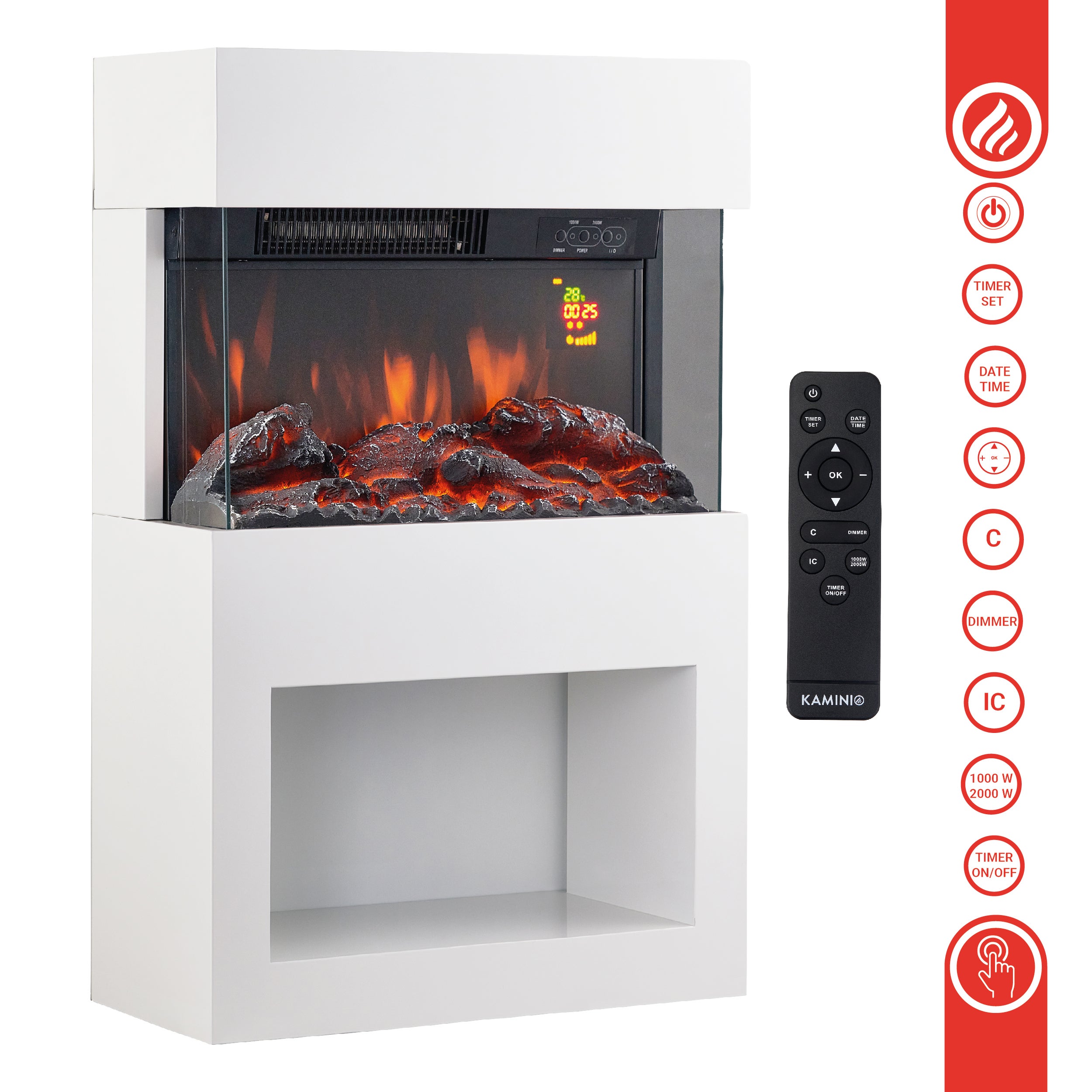 KAMINIO Cheminée Électrique HENRI - Poêle Électrique avec Chauffage, Effet de flamme 3D, Compartiment à bois, Télécommande - Blanc - 5