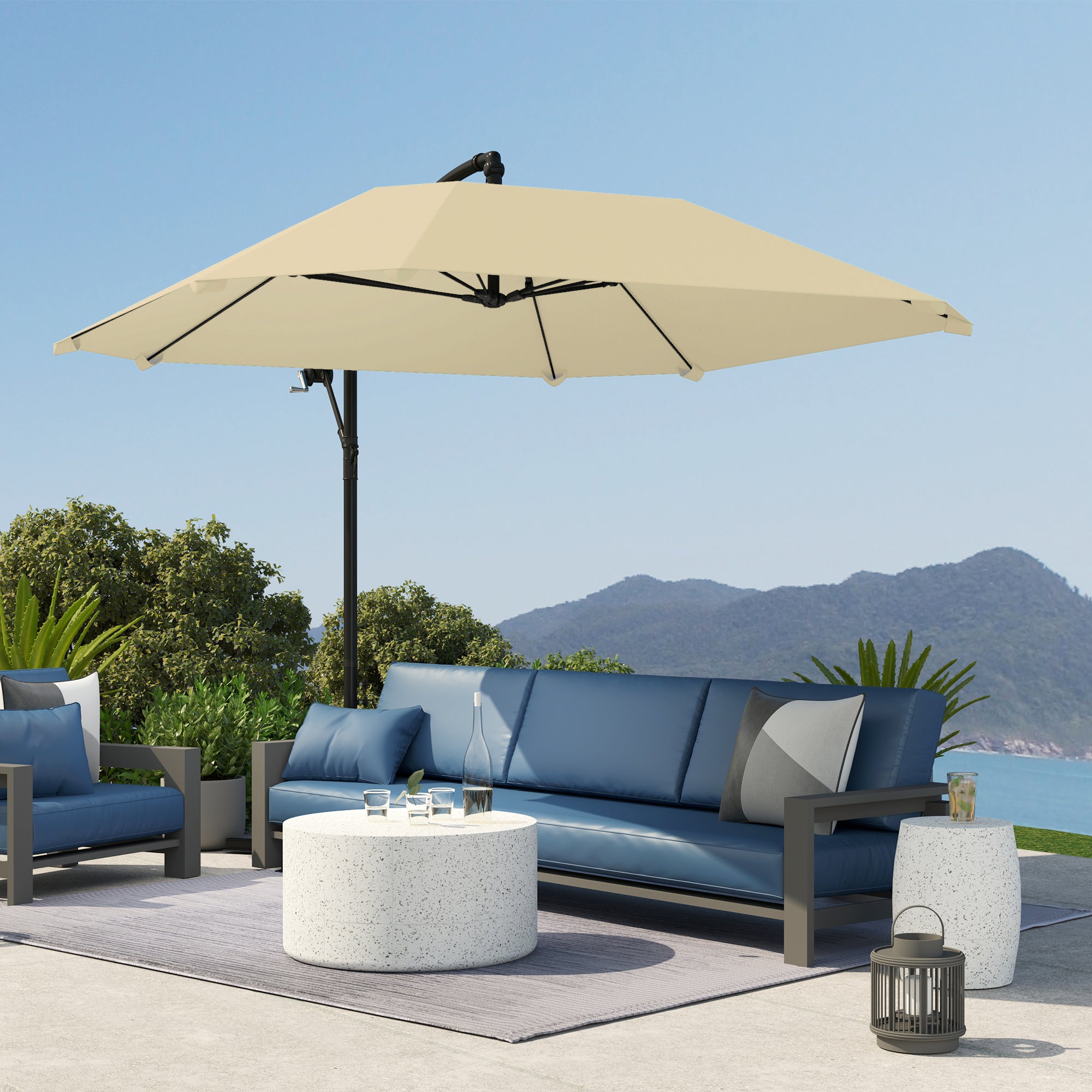 Parasol déporté aluminium Ø 260 cm parasol, parasol à manivelle étanche avec pied, manivelle, protection contre le vent, beige - 4