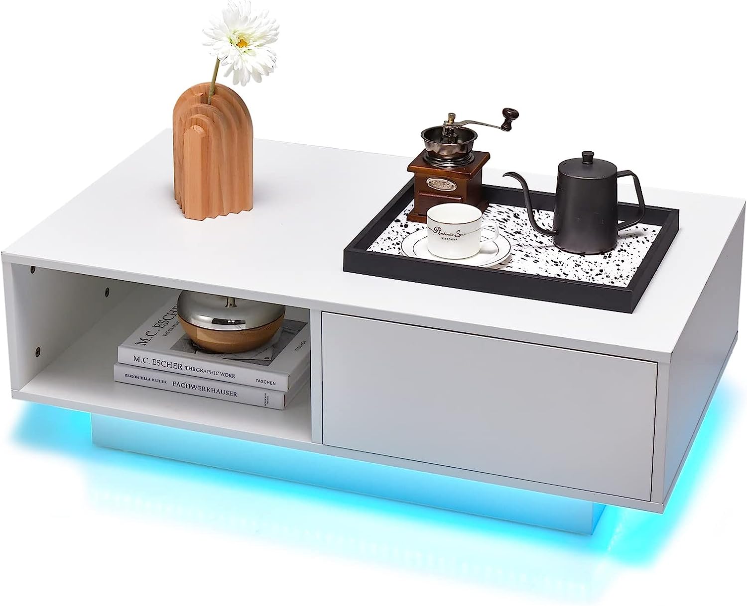 Stolik kawowy z 20 kolorami lampek LED i pilotem zdalnego sterowania, stolik pomocniczy, prostokątny, stolik do herbaty, biały, 95 x 55 x 31 cm