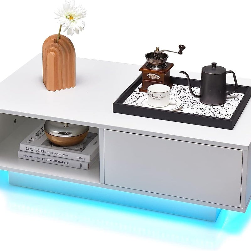 Stolik kawowy z 20 kolorami lampek LED i pilotem zdalnego sterowania, stolik pomocniczy, prostokątny, stolik do herbaty, biały, 95 x 55 x 31 cm