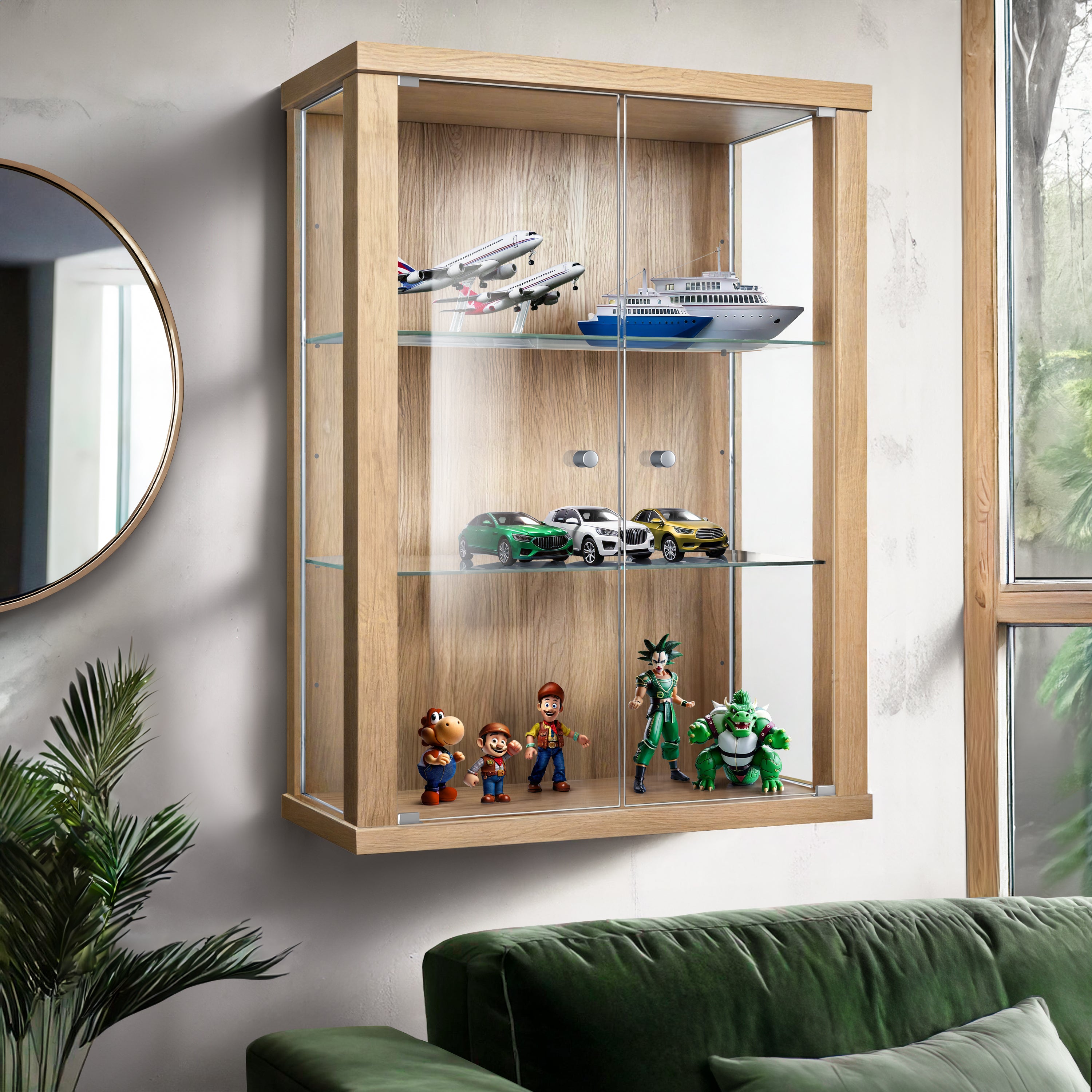 K-Möbel Wisząca witryna szklana w kolorze buku (80x60x25 cm) z 2 regulowanymi półkami szklanymi