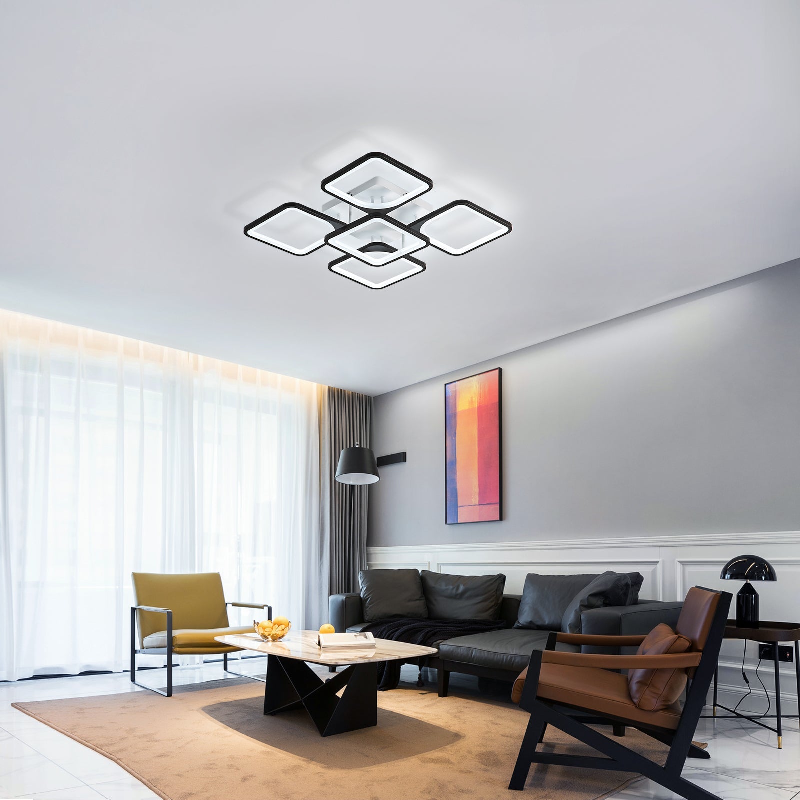 Lámpara De Techo LED Cuadrada Negra De Estilo Moderno De 42 W, Luz Blanca Cálida De 3000 K, Diseño Geométrico, Ideal Para Dormitorio, Salón O Cocina