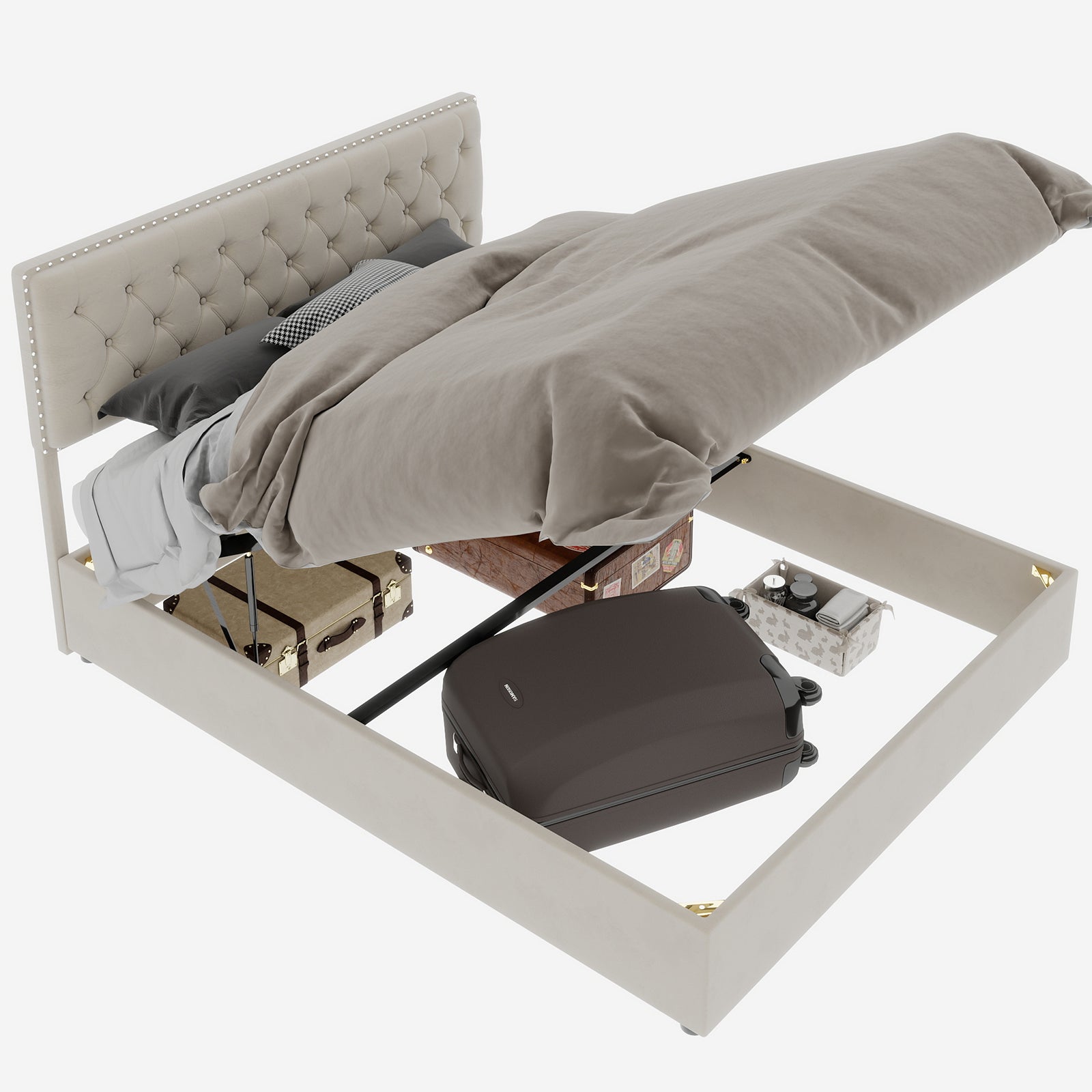 Letto contenitore matrimoniale 140x200 cm, doghe in legno, testiera, velluto beige, senza materasso - 5