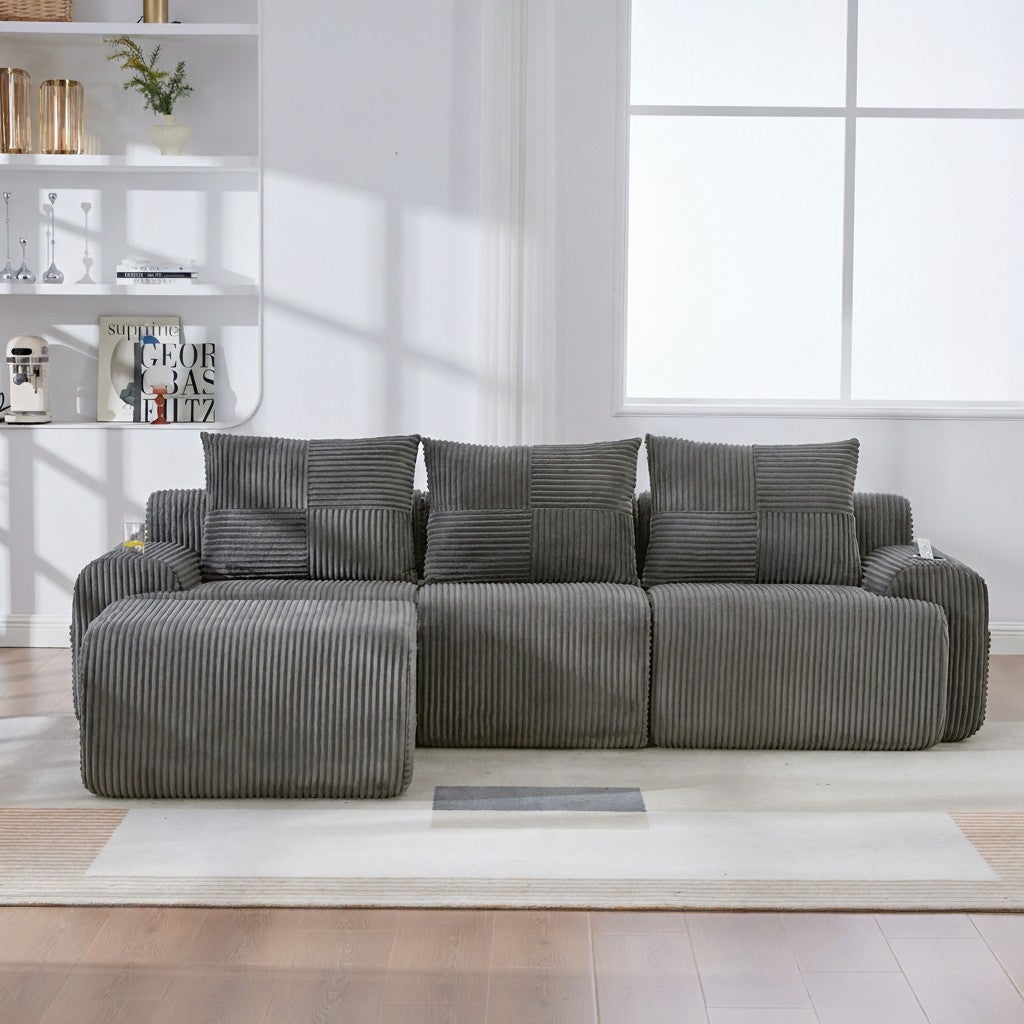 Canapé Modulable 3 Places en Velours Côtelé avec Porte-Gobelets et Rangement - Sofa Design Gris Foncé - 3