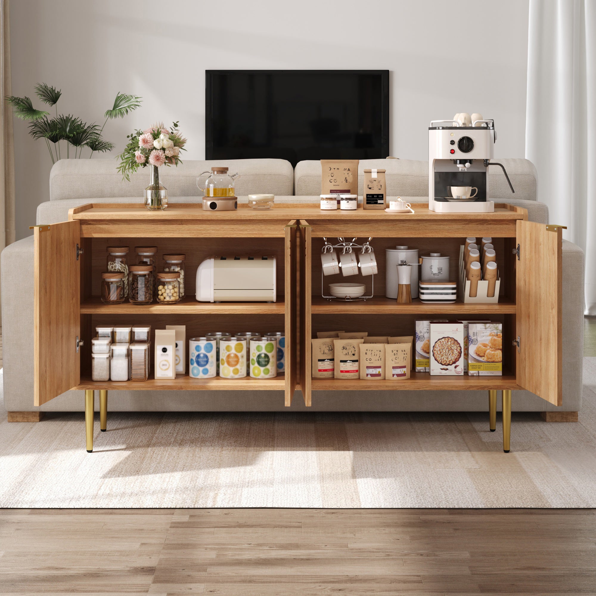 Nowoczesny buffet 140x38x75 cm - 4 fronty - wygląd drewna - Nogi metalowe - MDF - Kolor naturalny - 2
