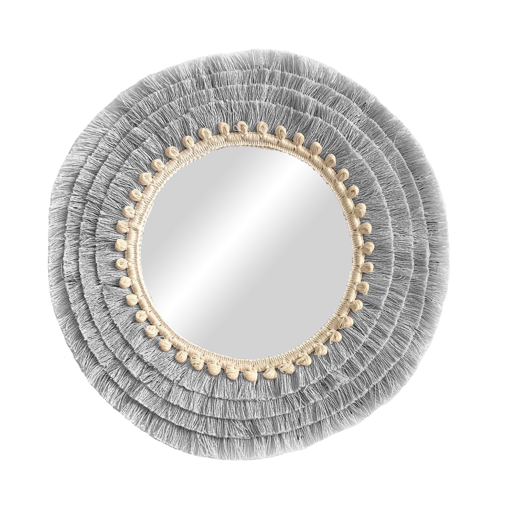 Espejo redondo con flecos de algodón y fibras naturales decoración natural de pared - mirror cotton gris 90cm