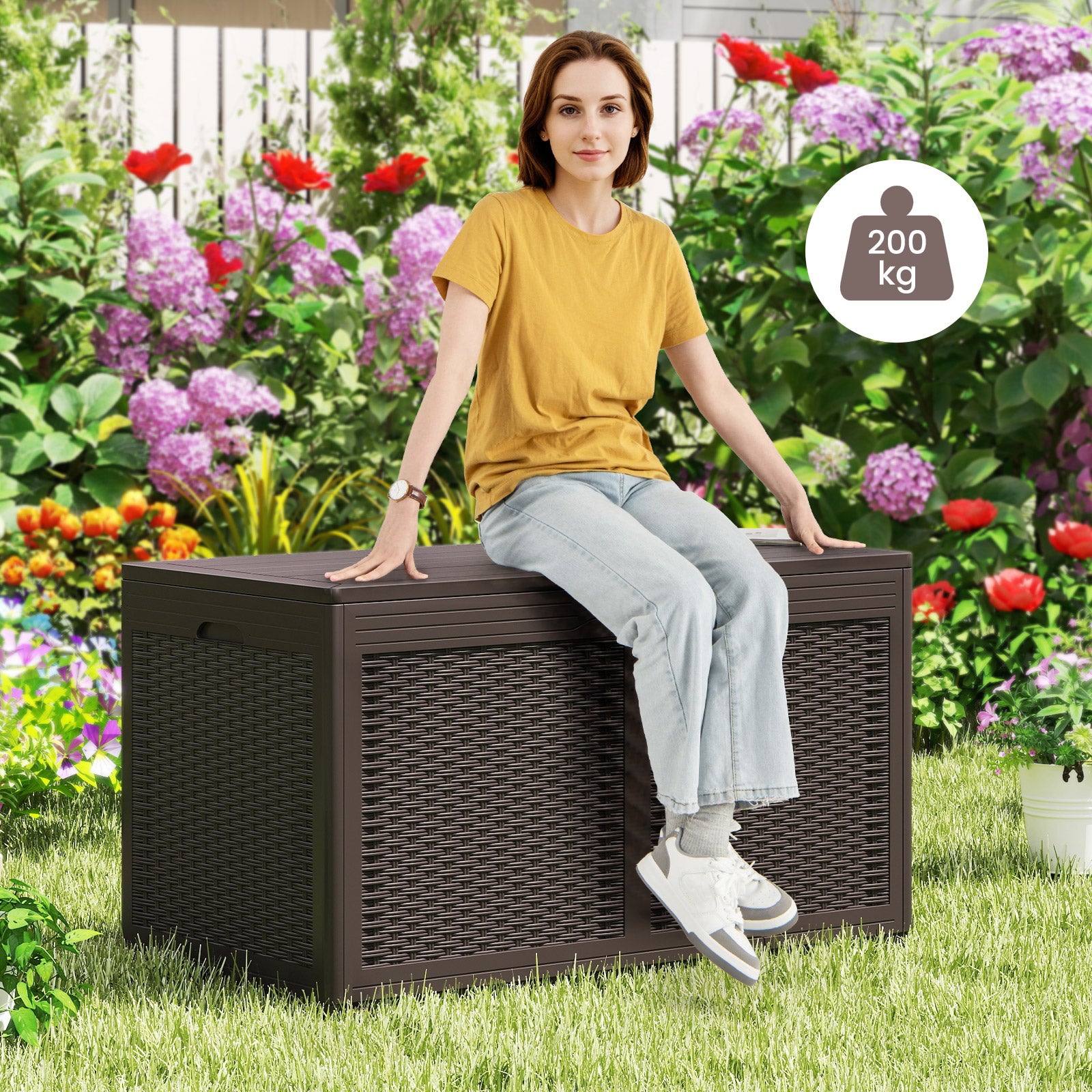 Coffre de Terrasse en Résine 380 L, Banc de Rangement Étanche d'Extérieur avec Couvercle Verrouillable et Roues pour Outils de Jardin, Marron - 8