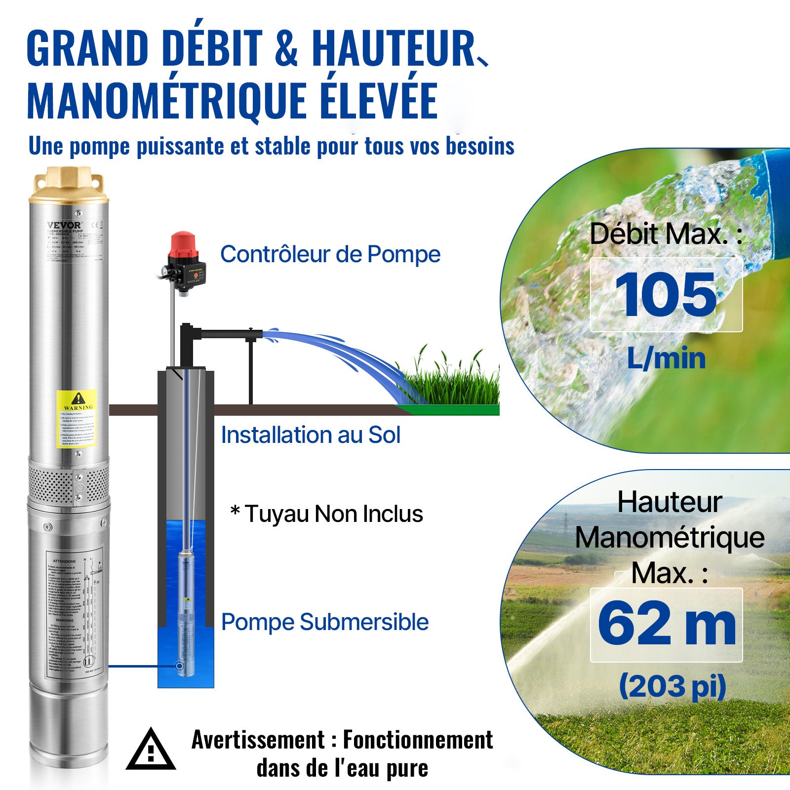750W Pompe Immergée pour Puits VEVOR 105 L/min 62 m Pompe à Eau pour Puits Profond en Acier Inox, Pompe à Eau Électrique, Pompe de Puits Submersible - 3