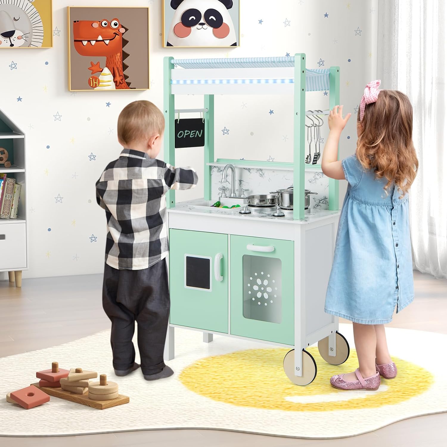 Cucina e Negozio per Bambini 2 in 1, Cucina Giocattolo a Doppia Faccia per Bambini in Legno, con Telecomando e LED, Ruote, 17 Accessori, per B - 4