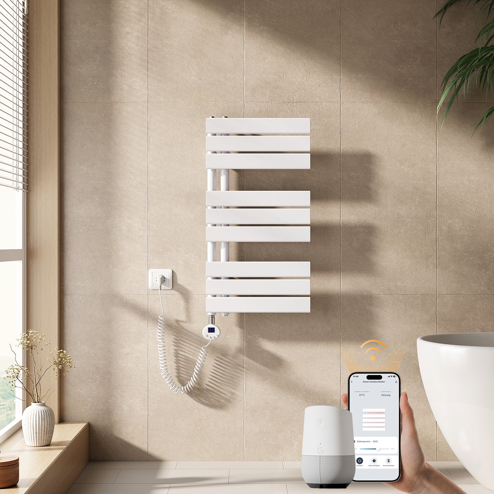 EMKE Grzejnik elektryczny łazienkowy 76x40cm - Inteligentne Sterowanie z Programatorem Tygodniowym w Aplikacji - 400W - Biały