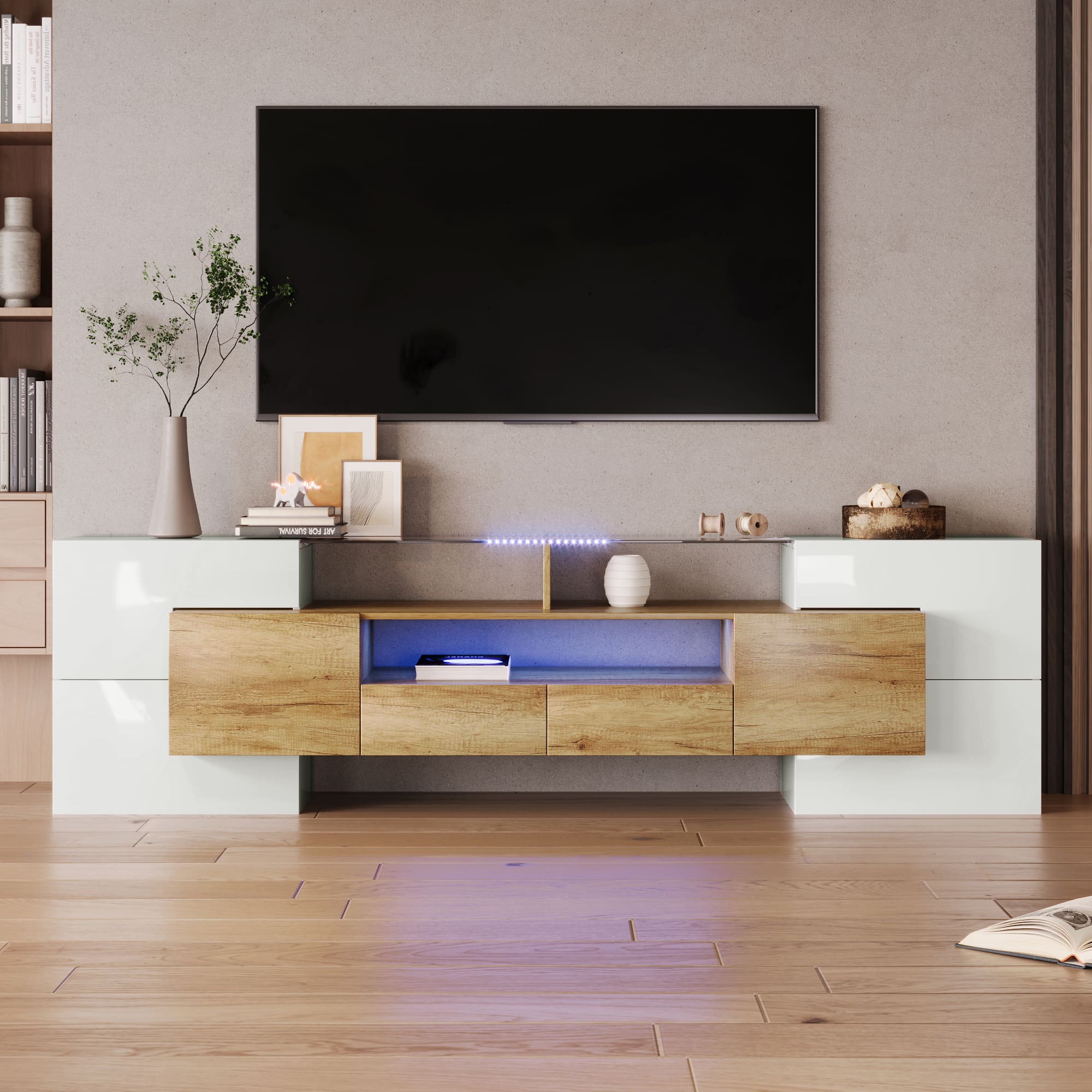 Meuble TV 2m En Bois Avec 2 Tiroirs Et 2 tag res Ouvertes Naturel meuble-tv-2m-en-bois-avec-2-tiroirs-et-2-tag-res-ouvertes-naturel