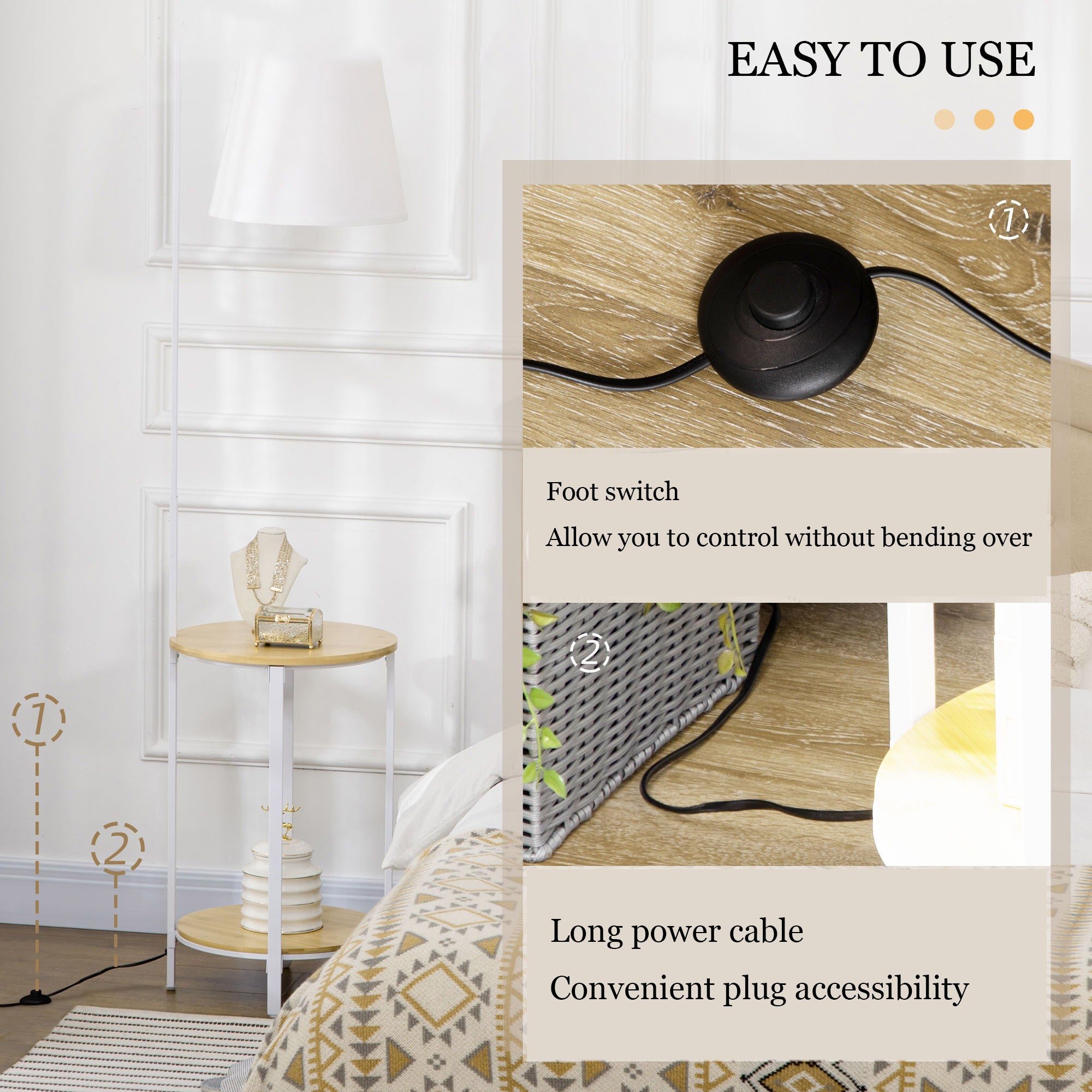 Lampa podłogowa o szerokości 162 cm z 2 półkami i białym, lnianym kloszem, nowoczesny design z metalu i bambusa, do salonu i sypialni - 5