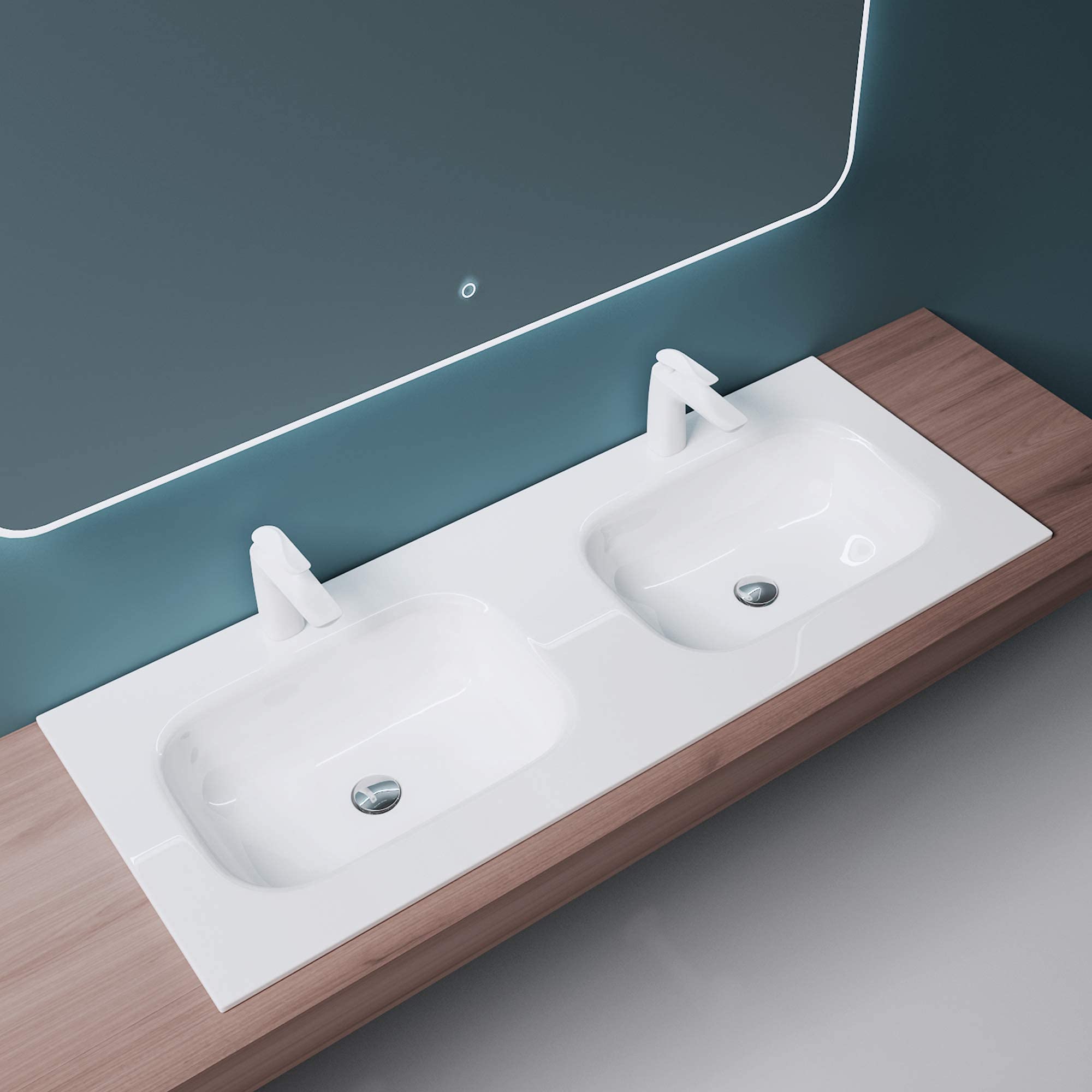 Mai & Mai lave mains blanc 120cm lavabo pour 2 à encastrer en résine double vasque rectangulaire sans trop-plein Col04 120x48x14cm - 3