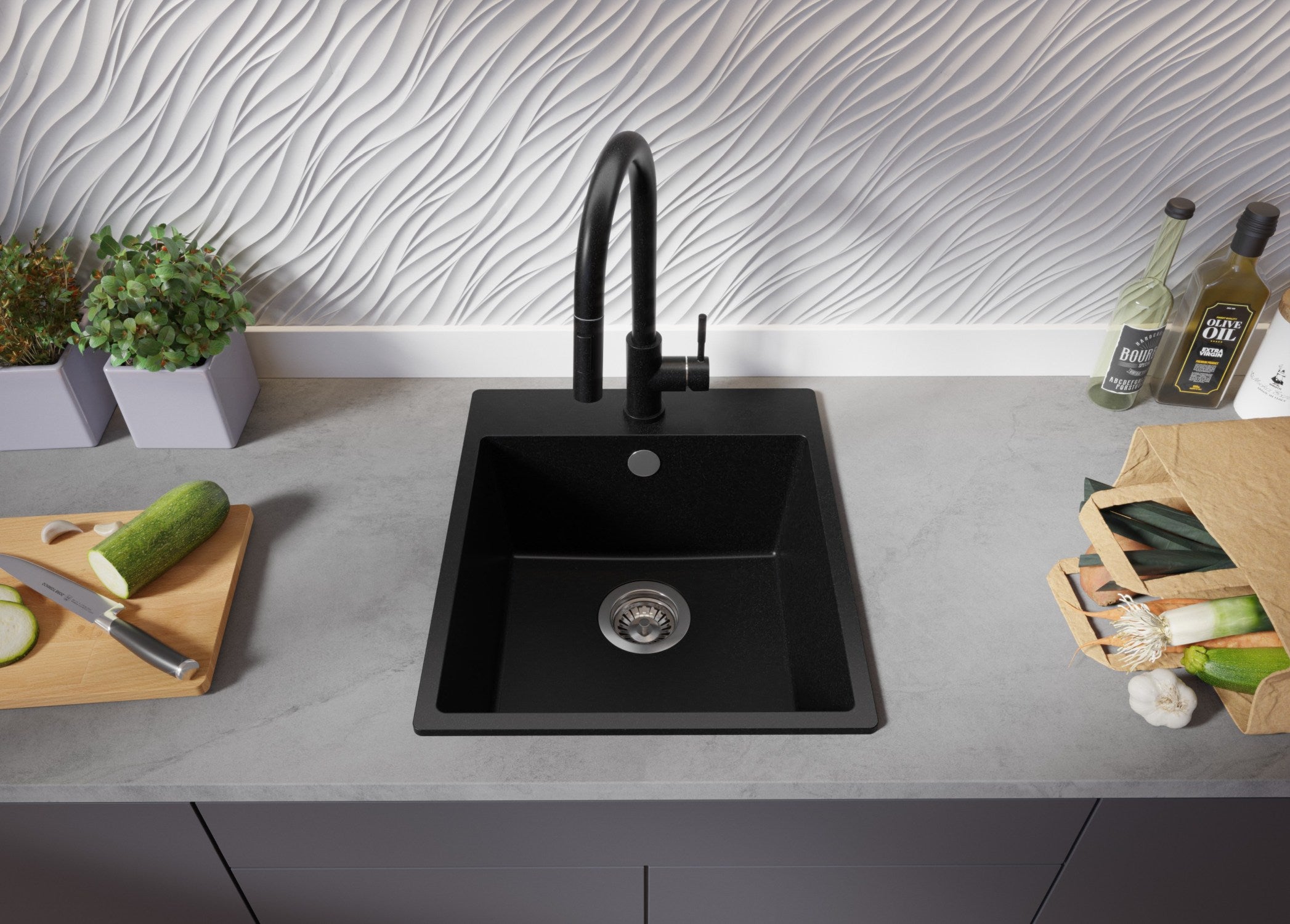 Lavandino da Cucina Nero 43x50cm, Lavello in Granito a 1 vasca + Sifone Classico + Accessori, Lavabo da Cucina Incasso al mobile 45cm PRIMAGRAN - 4