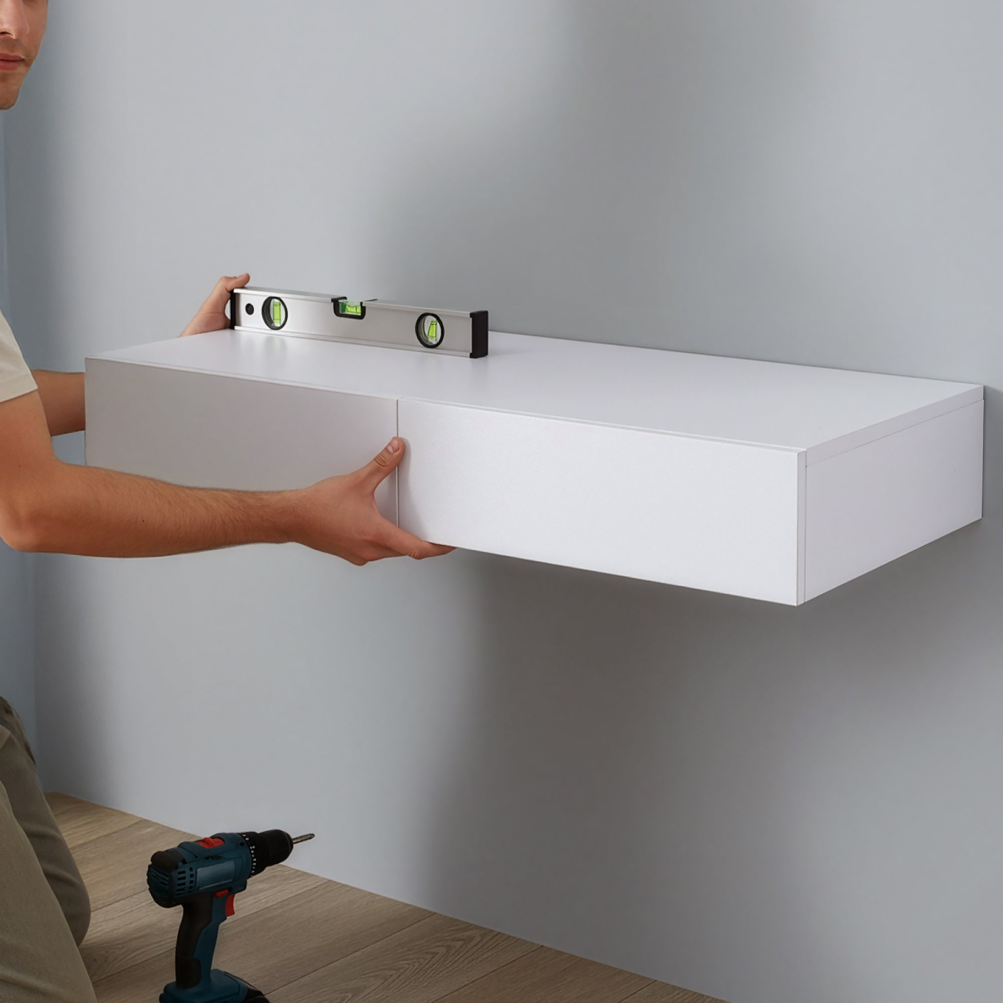 Mensola con 2 Cassetti Affiancati Consolle da Parete con Doppio Cassetto Comodino Sospeso 80x35x12 cm - Bianco [en.casa] - 7