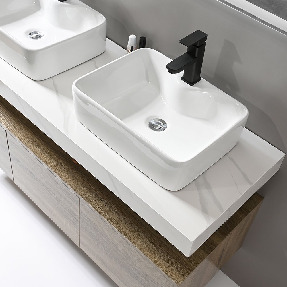 LuxuryBain - Meuble de salle de bain double vasque 140cm bois et effet marbre avec miroir led - 5