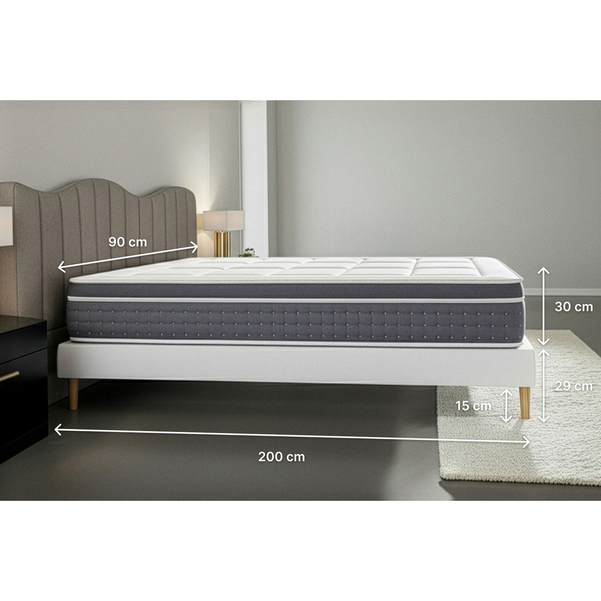 Ensemble matelas 90 x 200 cm Trente - Ressorts ensachés et mémoire de forme - Ep : 30 cm - Equilibré - sommier Gris - 4