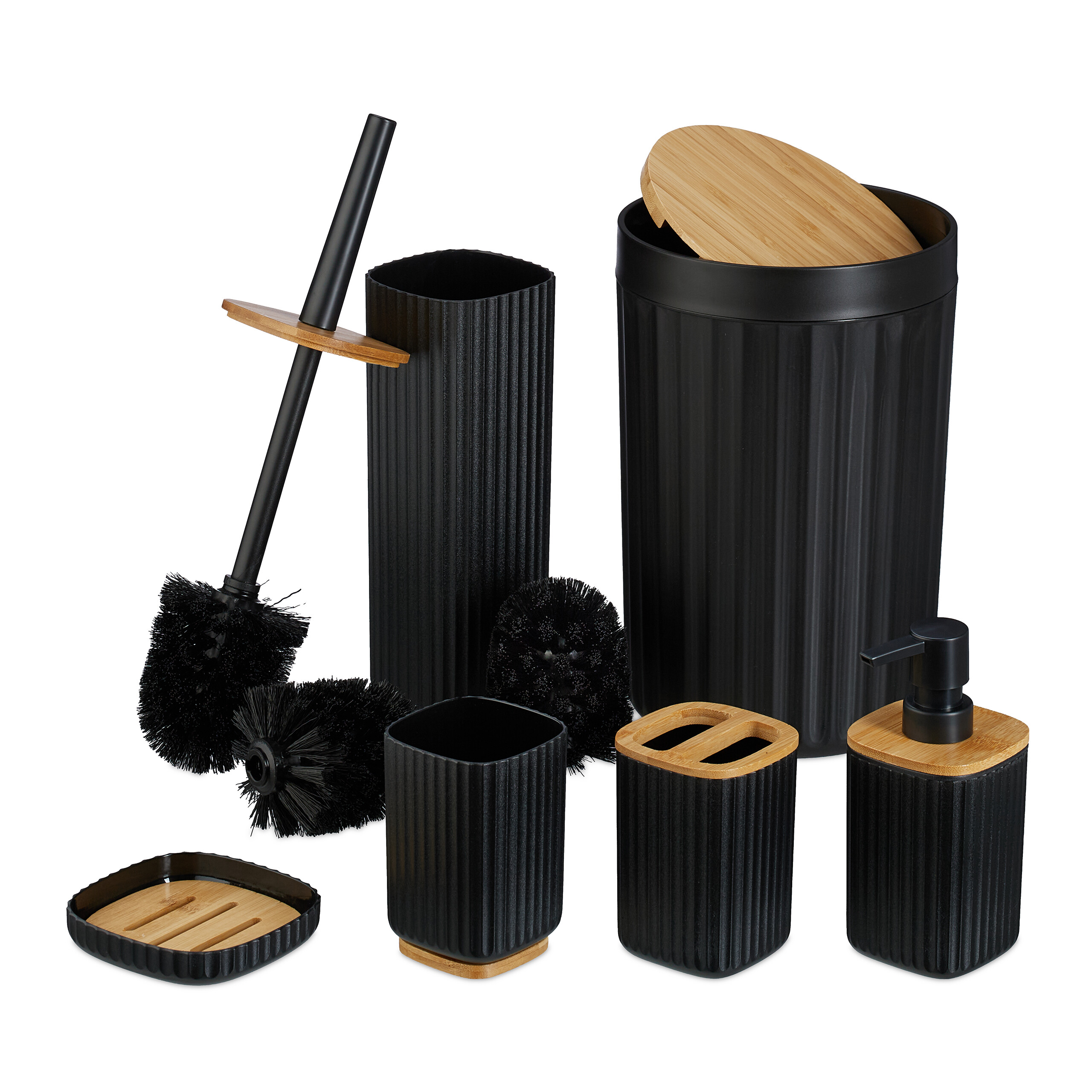 Set da Bagno in Legno Bamboo e Plastica 6pz con Portascopino Portasapone Pattumiera Colore Bianco e Bambù Naturale