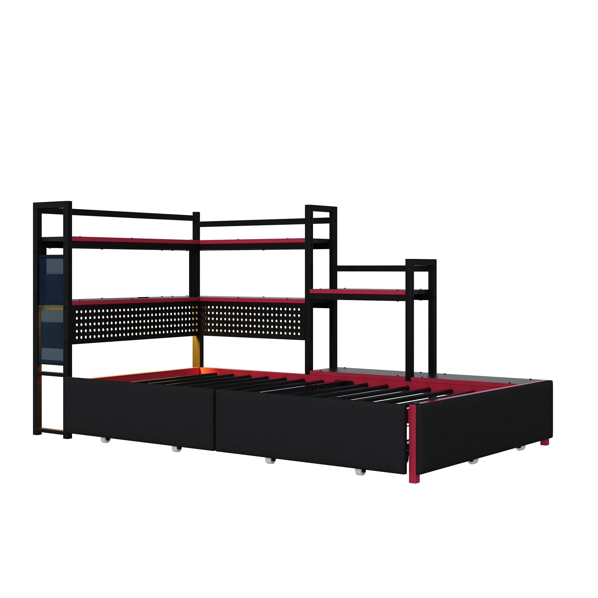 Łóżko 90 x 200 cm z 3 szufladami i półkami - Oświetlenie LED i porty USB - Metalowe - Czarne (Materac nie jest w zestawie) - 7