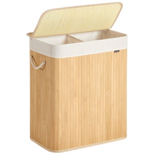 Panier à Linge 110L Avec Couvercle Et Poignées Bambou - 2 Compartiments, Pliable - Pour Salle De Bain, Buanderie