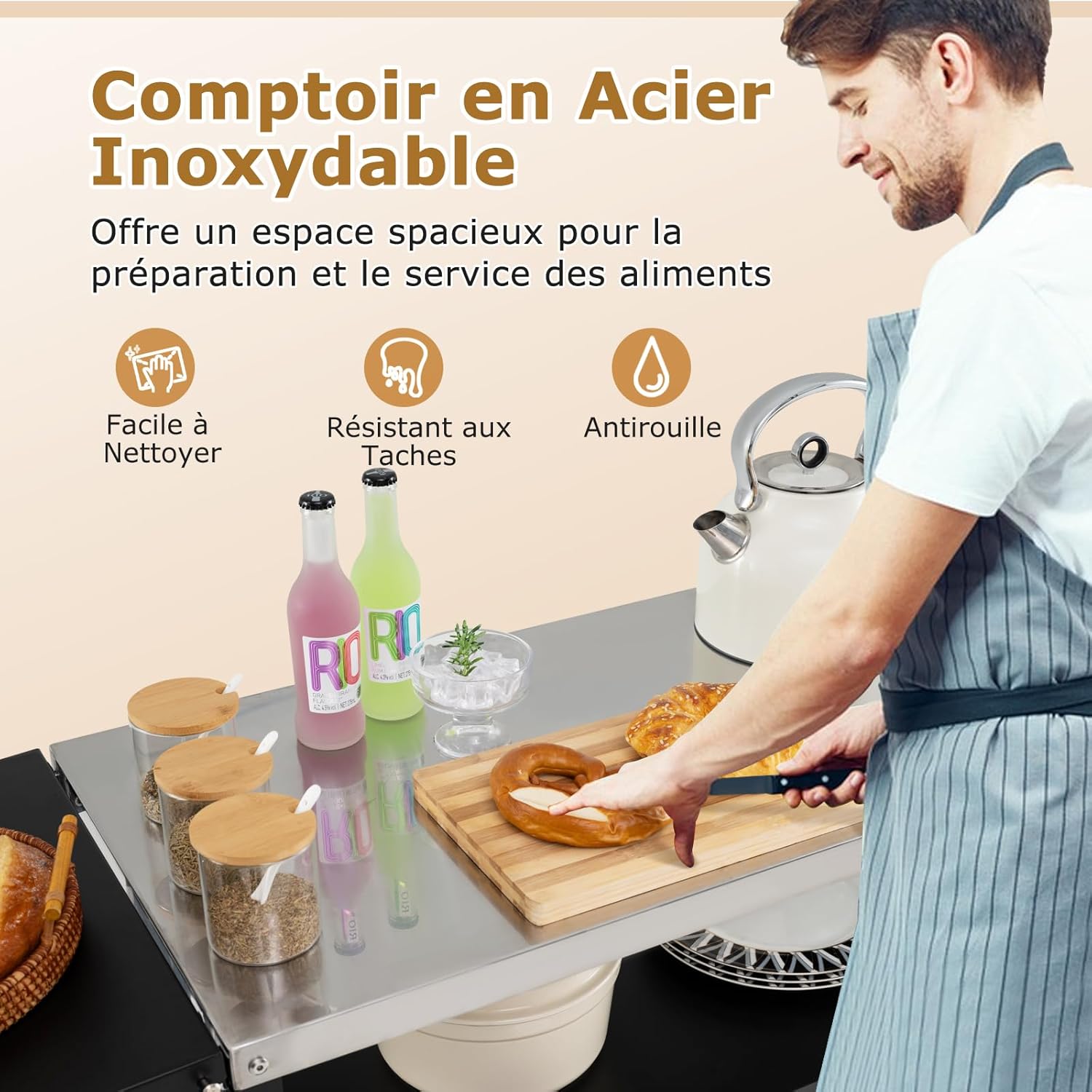 Desserte Jardin pour Plancha Barbecue 3 Niveaux, Îlot Cuisine avec Plan de Travail Pliant,Porte-Serviettes,Charge 100KG,127x50x84CM - 2