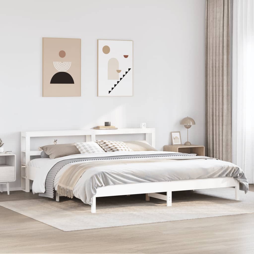 Łóżko Drewniane z Regałem Rama Łóżka Ze Stelażem Biała 180x200 cm