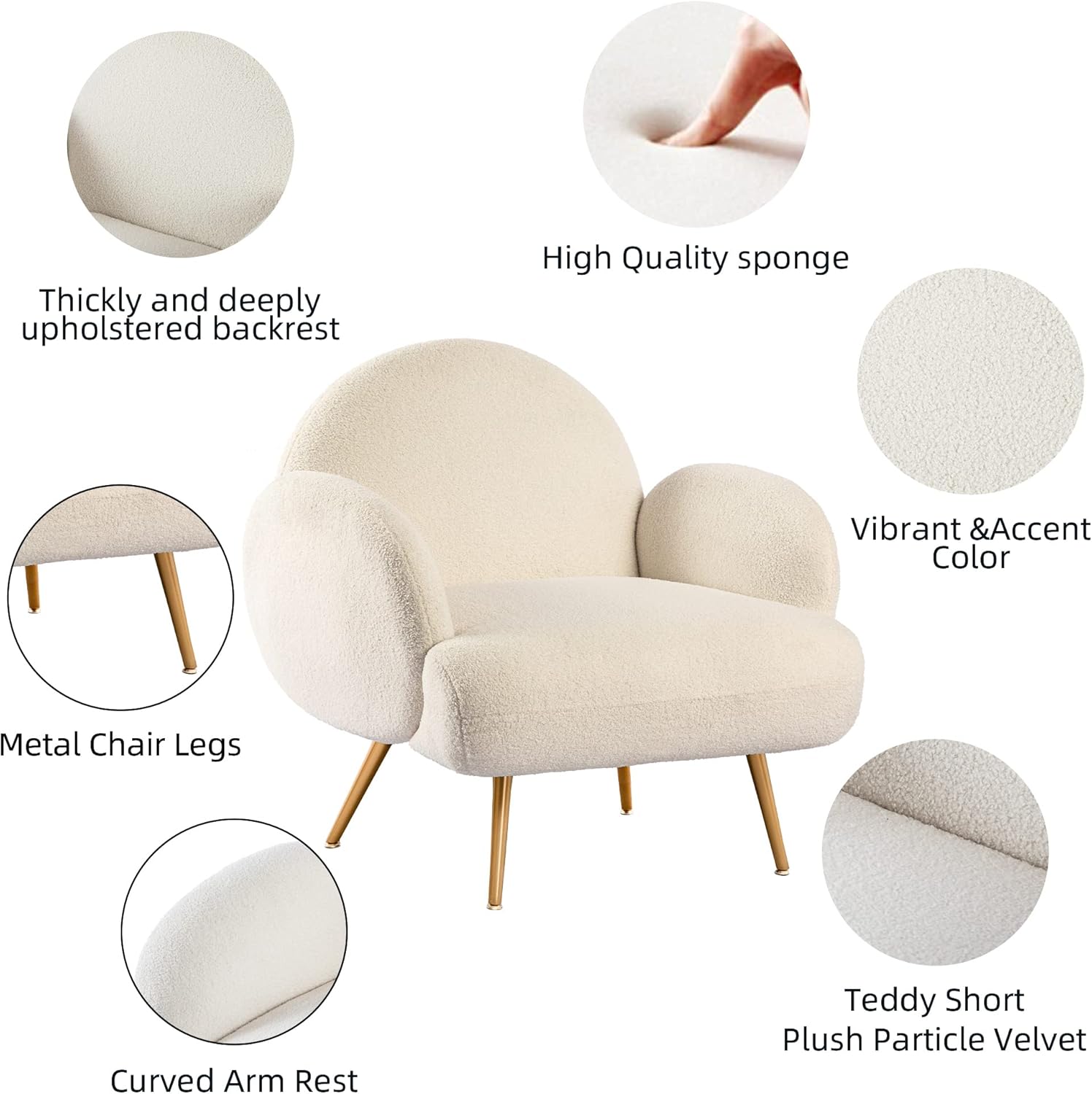 Fauteuil Moderne Décontracté avec Pieds en Métal Doré, Fauteuil Simple avec Dossier Confort pour Salon/Chambre à Coucher/Club, Blanc - 4