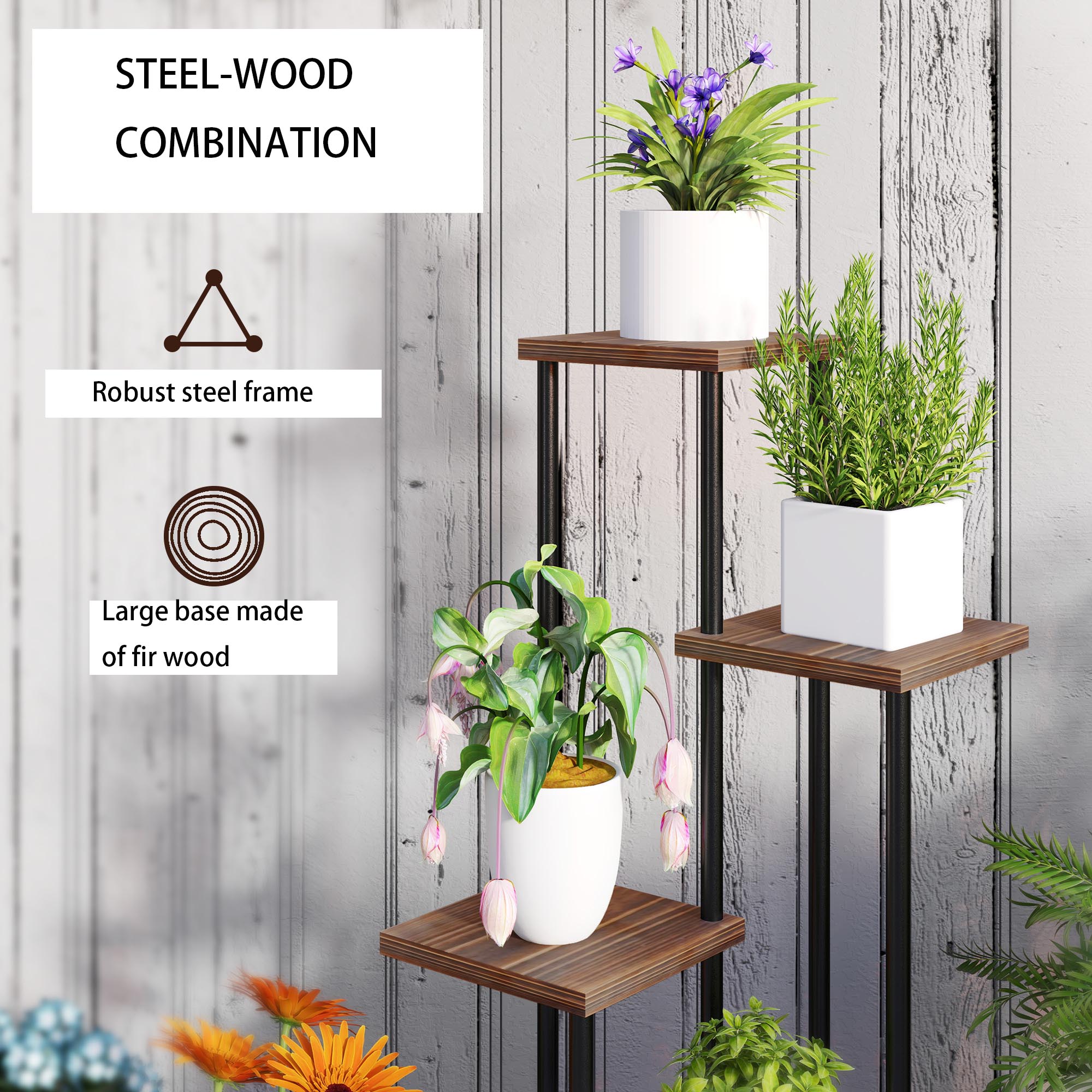 Étagère plantes 5 niveaux avec roulettes, support fleurs intérieur extérieur en acier et bois 110cm - 4