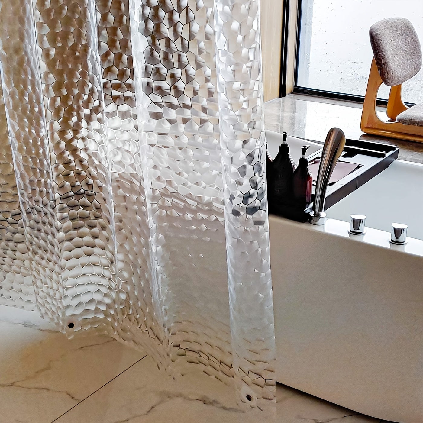 Rideaux de douche, rideau de douche 180 cm x 200 cm blanc motif semi-transparent en tissu PEVA rideau de douche de salle de bain avec crochets - 6