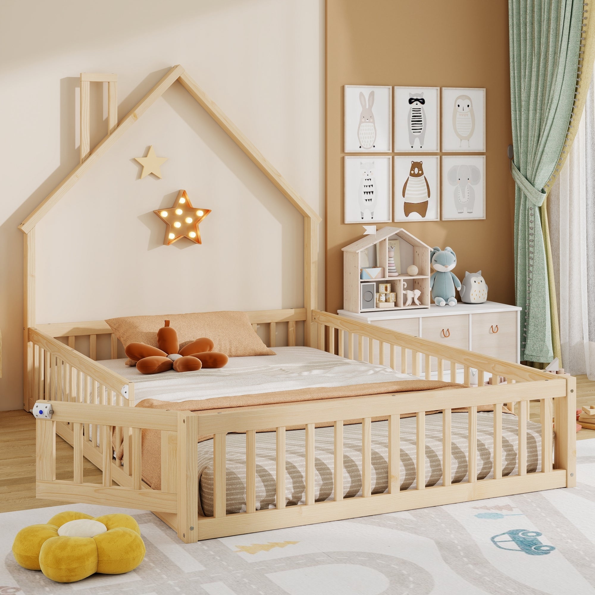 Lit de Sol 140 x 190 cm avec porte ouvrable, Montessori lit cabane avec sommier à lattes, lit enfants en bois de Pin et MDF, naturel (sans Matelas) - 3