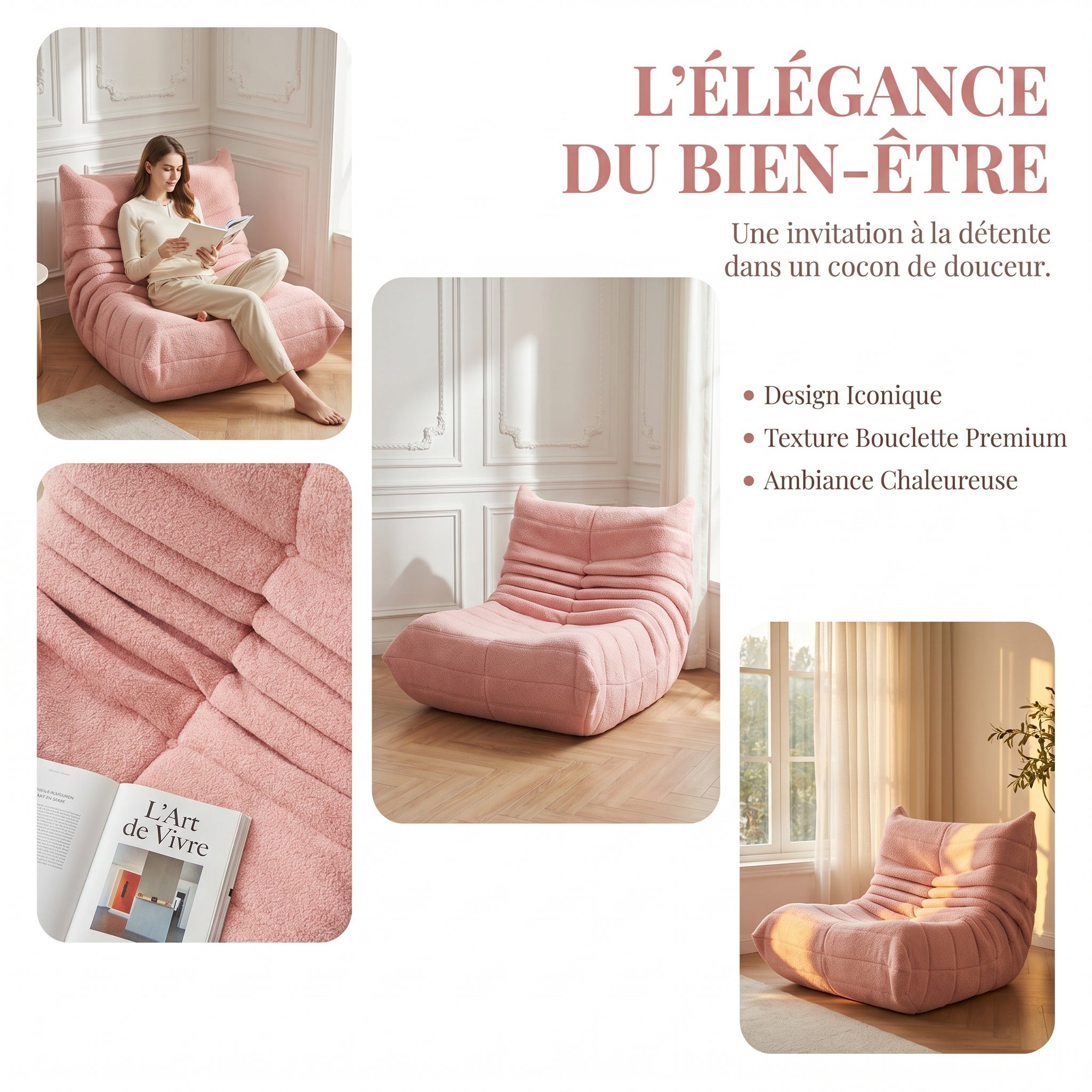 Pouf géant - Canapé de sol avec dossier - Fauteuil de lecture d'intérieur confortable XXL - Pour salon et chambre à coucher - 86 x 105 x 75 cm - Rose - 5