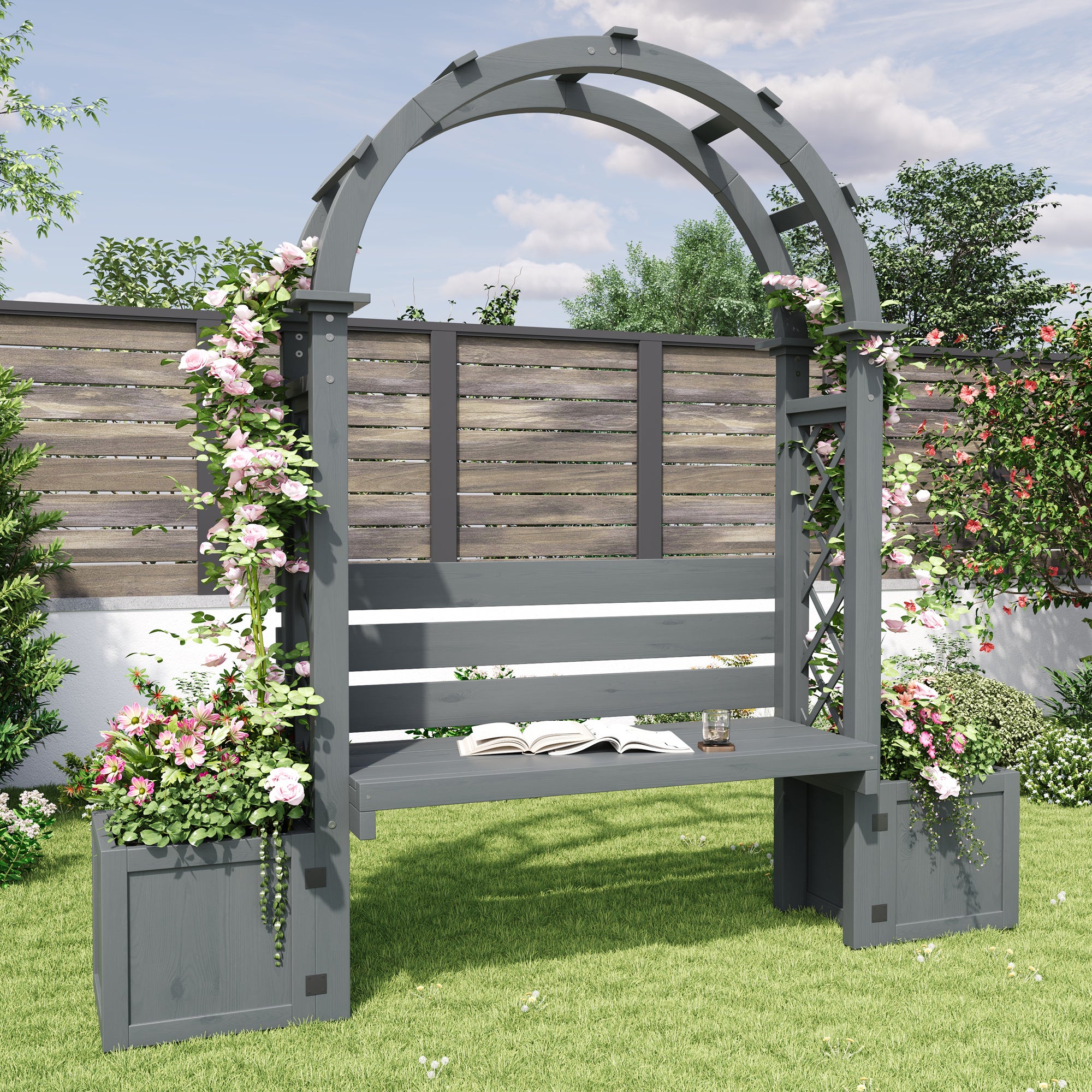 Donica na nogach z kratownicą z litego drewna + 1 dwuosobowa ławka - 160 x 30,5 x 160 cm - Szara