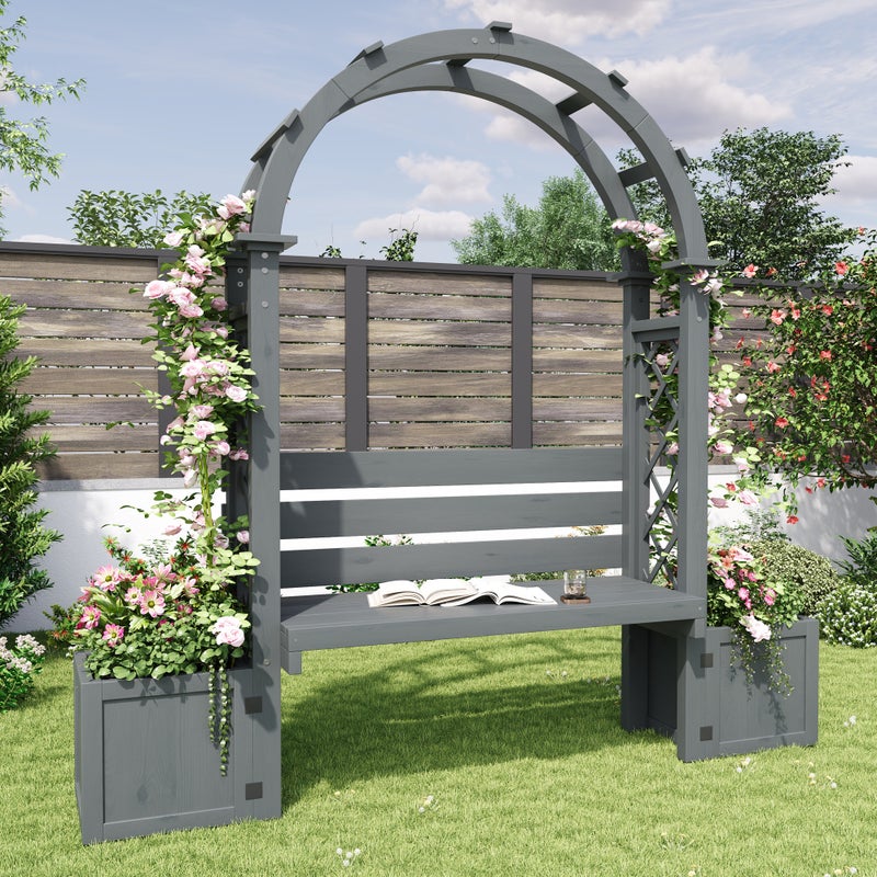 Donica na nogach z kratownicą z litego drewna + 1 dwuosobowa ławka - 160 x 30,5 x 160 cm - Szara