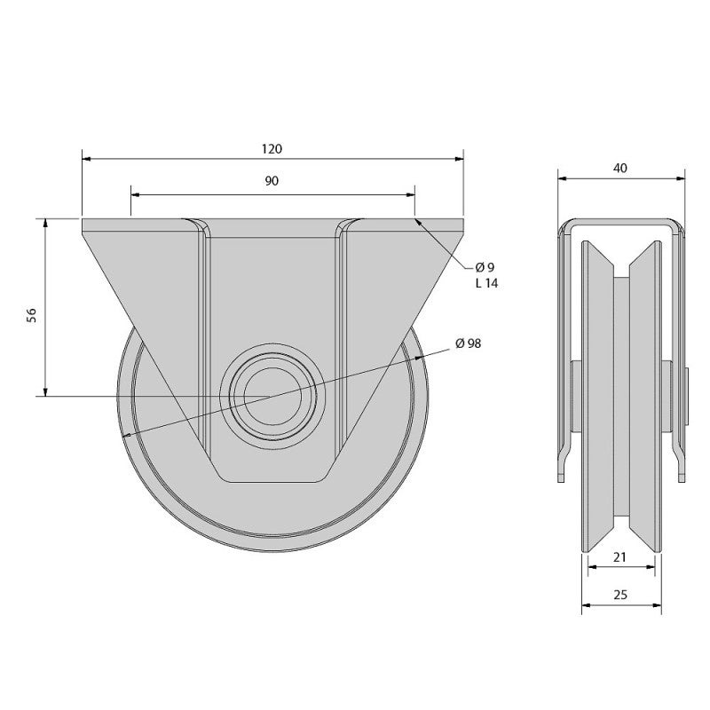 Monture à support extérieur pour portail coulissant - Galet Ø100 mm à gorge en V 21 mm - 200 kg - 2