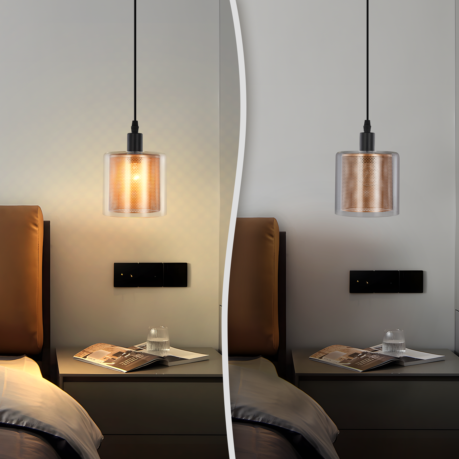 ZMH Wisiorek Vintage – Złote Szkło, Przewód 2m z Wyłącznikiem, E14. Styl Retro do Wnętrz - 2