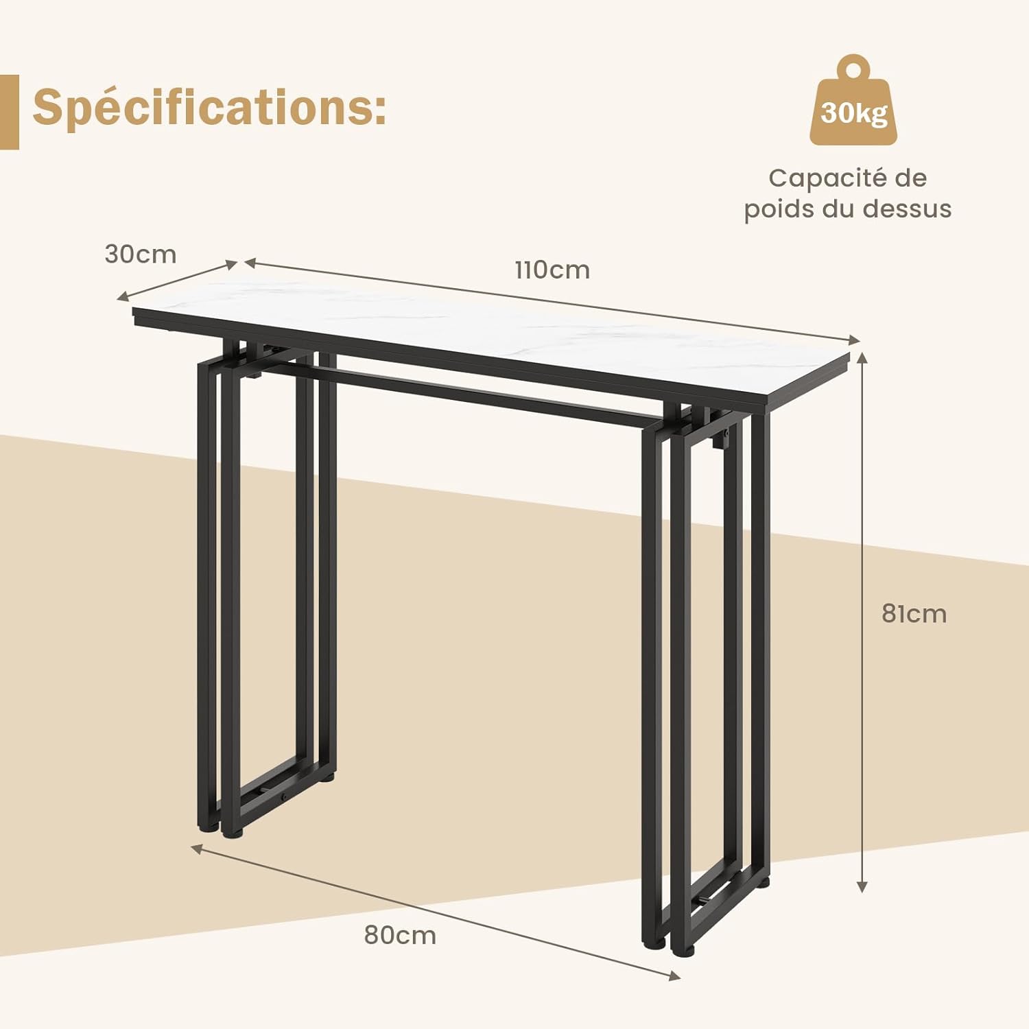 Tavolo Consolle 110cm, Tavolo da Ingresso con Piano in Finto Marmo, Struttura in Metallo e Poggiapiedi Regolabili, Tavolino da Divano Moderno - 5