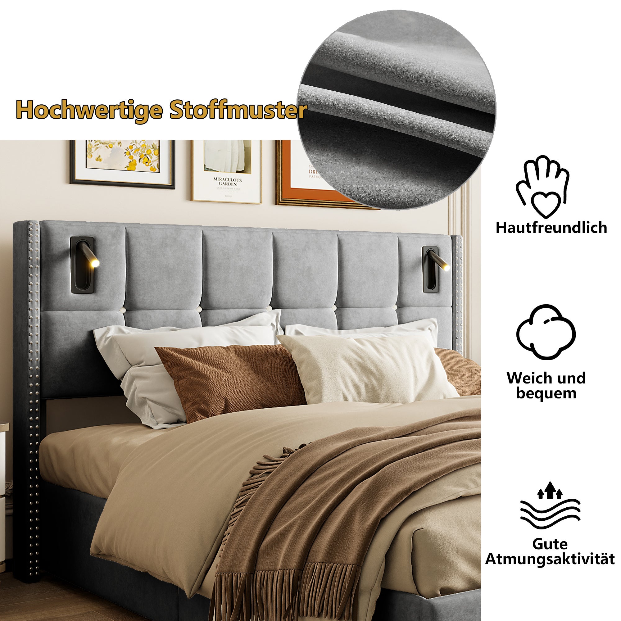 Lit Rembourré 140x200cm avec sommier à lattes & liseuses, lit coffre lit double, velours, gris - 5