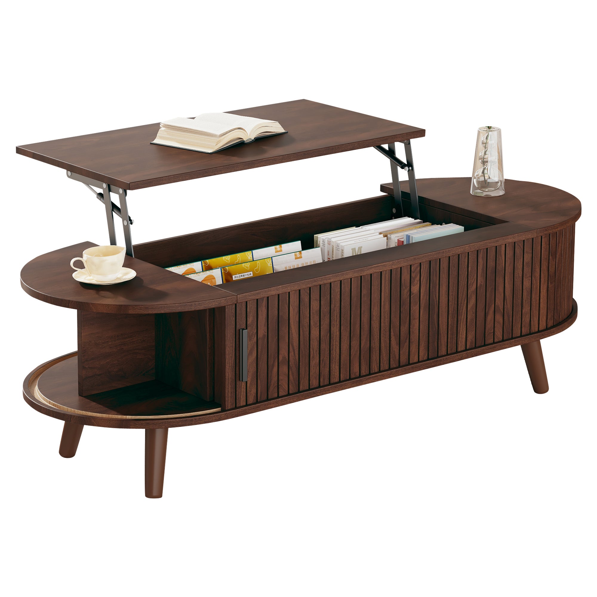 Stolik kawowy z podnoszonym blatem i 4 otwartymi półkami - 120 x 50 x 39,5 cm - MDF - do salonu - orzech - 7