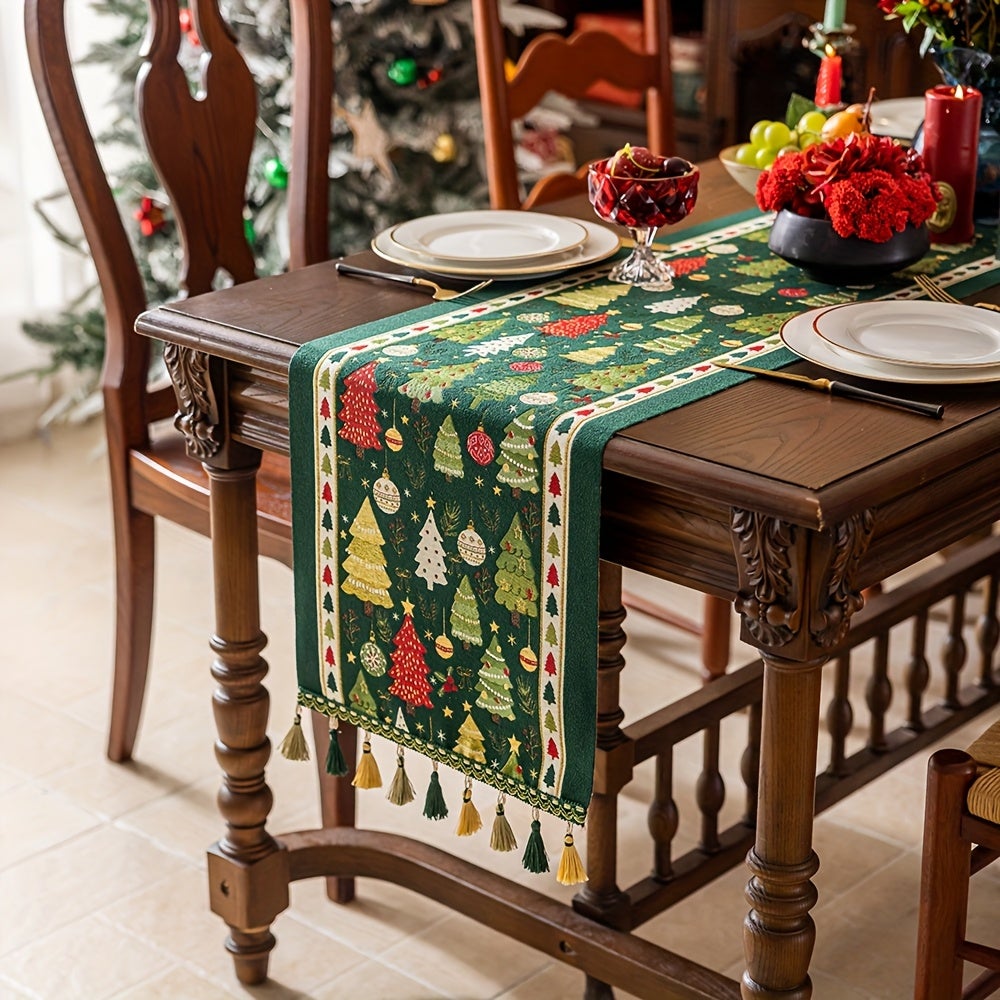 Runner Da Tavolo Natalizio In Ciniglia Con Pompon – Tovaglia Lunga Motivi Albero E Cervi, Elegante Decorazione Tavola Natale (33x200 Cm)