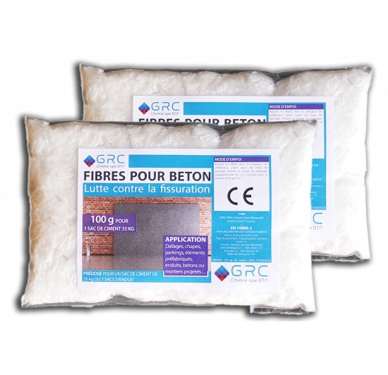 GRC - Lot de 2 Sachets de Fibres 12 mm pour béton 100g, 2 doses pour 2 sacs de ciment 35 kg