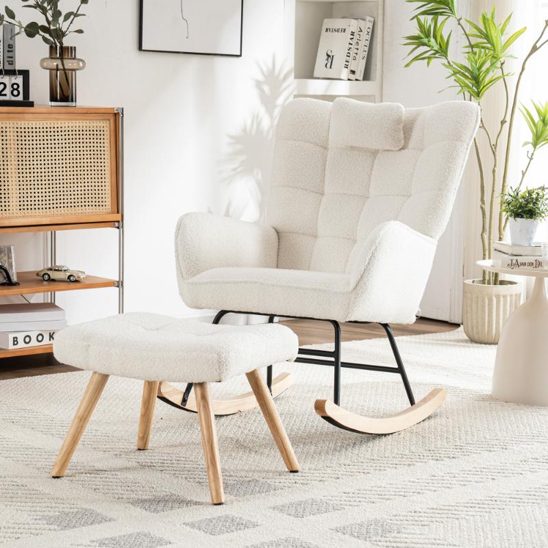 Fauteuil à bascule confortable blanc 93 cm avec repose-pieds, coussin lombaire, structure en bois de caoutchouc, fauteuil de relaxation - 2