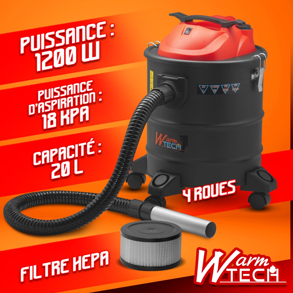Vide cendres 1200W 20L avec soufflerie, fonction décolmatage et roues - Warm Tech - 2