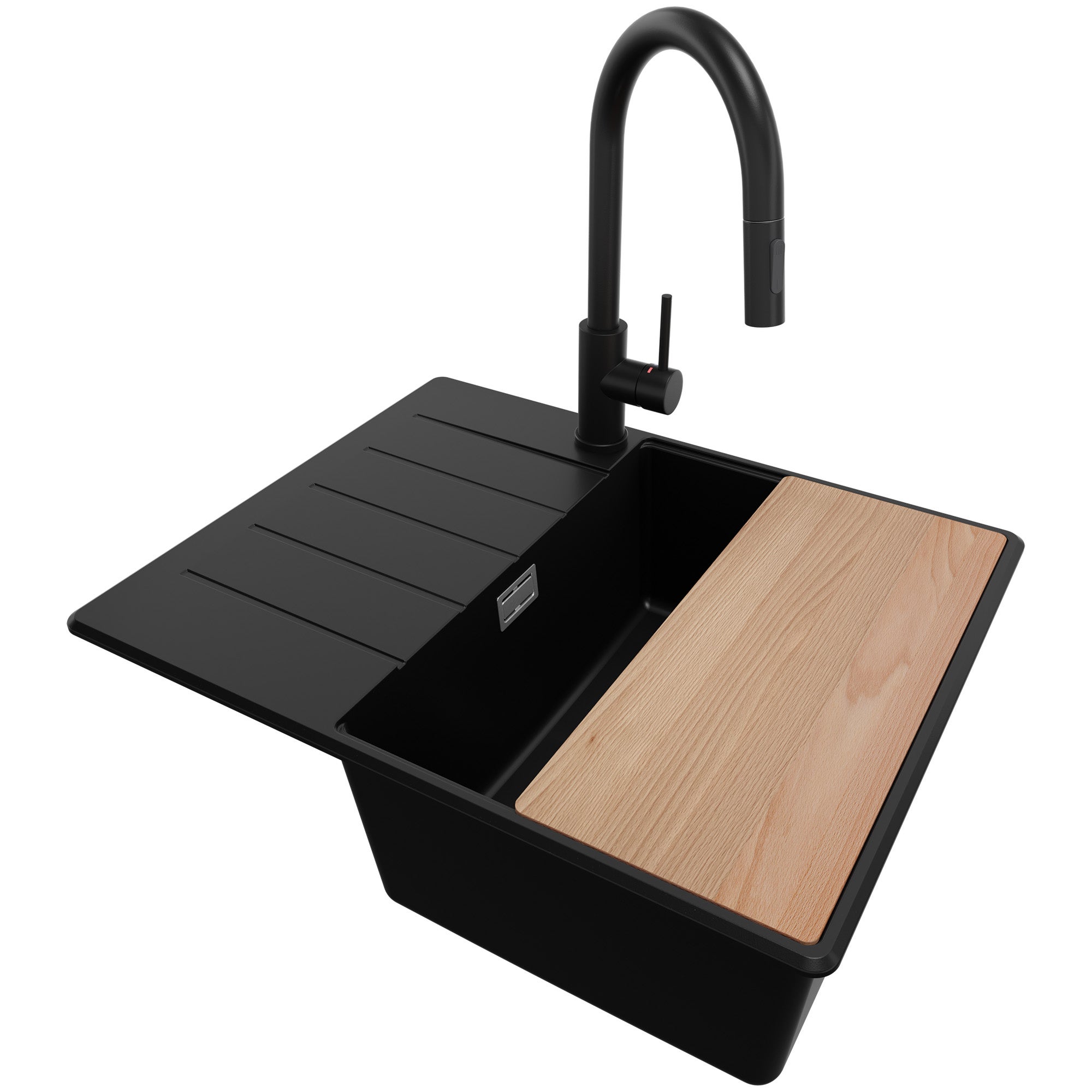 Zlewozmywak Granitowy Czarny 62x50cm, Zlew Kuchenny 1 Komorowy + Bateria 40x20cm + Syfon + Deska, Nablatowy do szafki od 45cm - Kopenhaga PRIMAGRAN