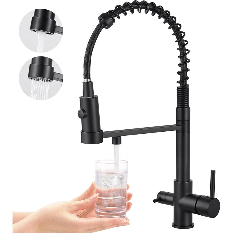 Trójdrożny kran kuchenny, wyciągana bateria kuchenna, mosiężny kran zlewozmywakowy, bateria mieszaczowa z filtrem do wody 3 w 1 (matowa czerń)