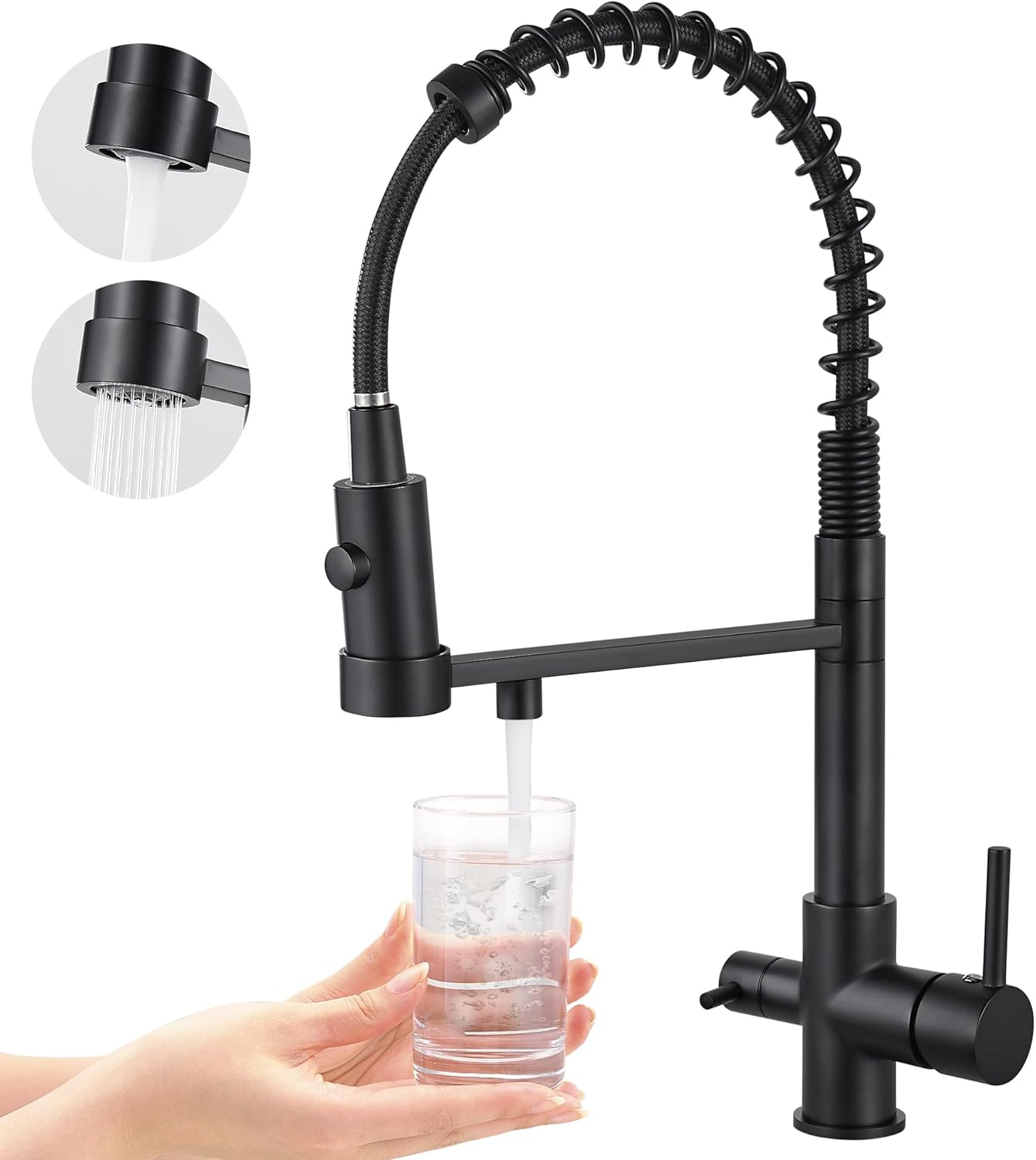 Trójdrożny kran kuchenny, wyciągany kran kuchenny, mosiężny kran zlewozmywakowy, 3-w-1 filtr do wody, bateria mieszająca (matowa czerń)