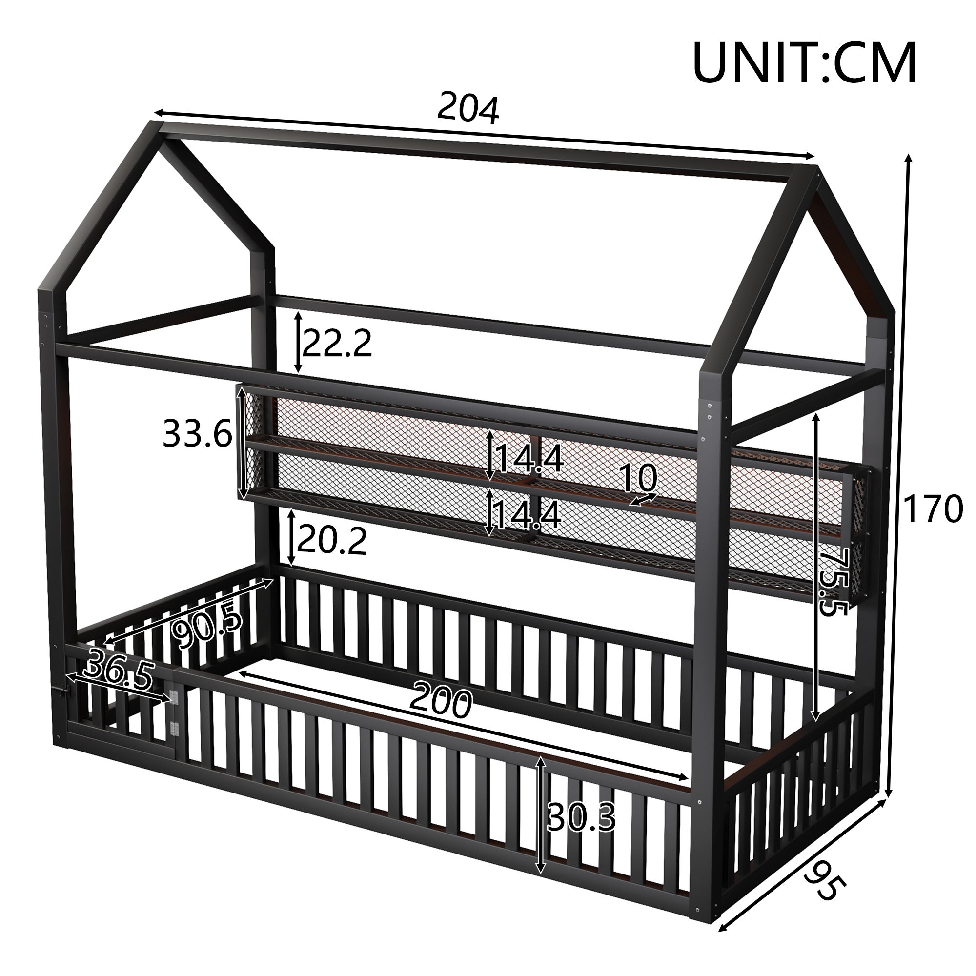 Łóżko metalowe 90 x 200 cm z barierką i diodami LED - Bez stelaża - Czarne (Materac nie jest wliczony w cenę) - 5