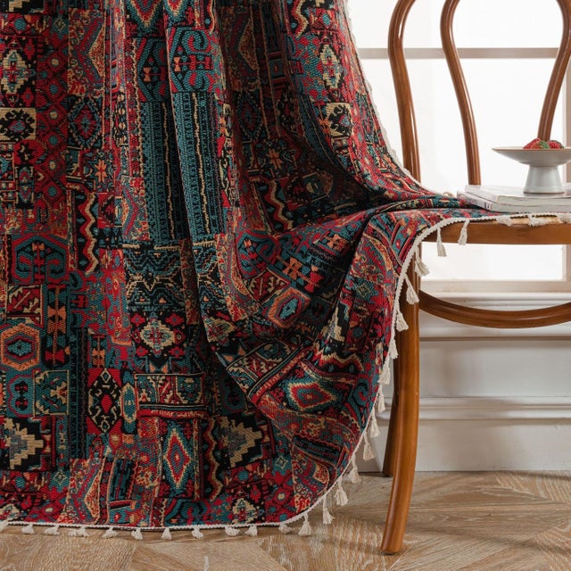 Boho Ethnic Vintage Rustic Chic Distressed Geometryczne zasłony - kolorowe zaciemniające zasłony do sypialni i salonu, z frędzlami, 150 x 180 cm