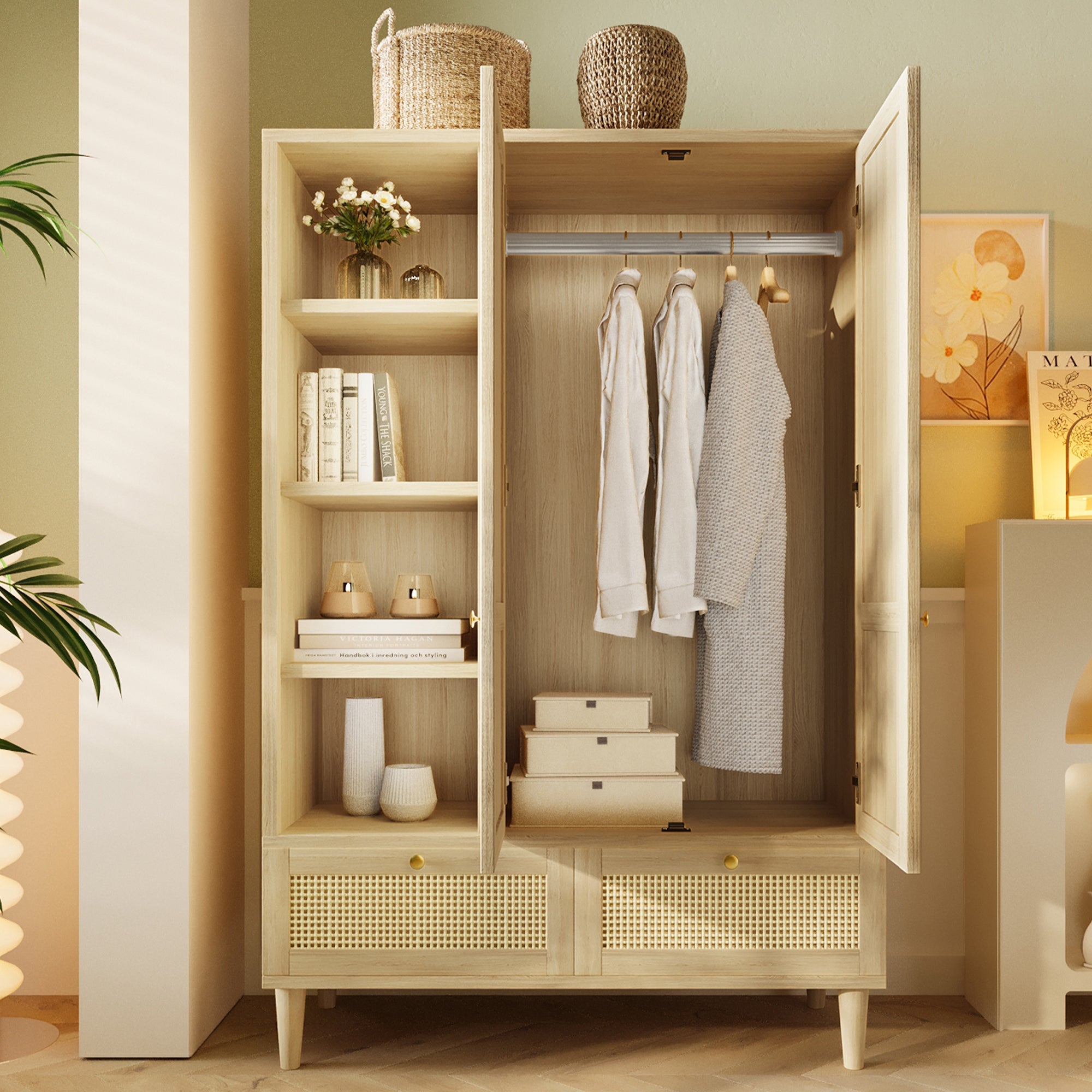 Armoire Penderie en Cannage Rotin 180x120x50 cm, 2 Portes avec 2 Tiroirs, tringle vêtements, Style Bohème Chic - Chêne - 2