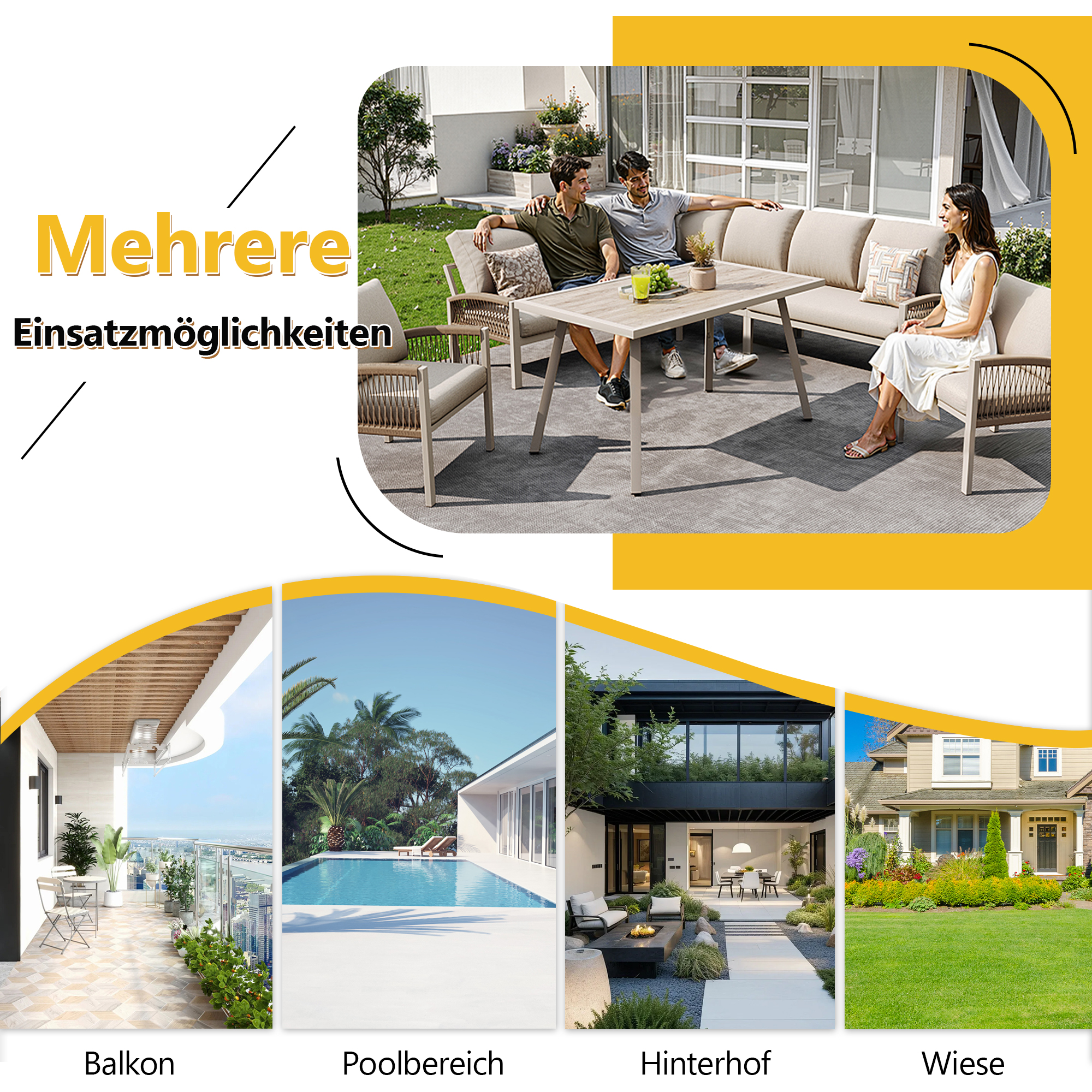 Ensemble de mobilier de jardin extérieur en L en fer pour 8 places avec coussins | 3 canapés + 2 fauteuils en rotin PE + Table en verre- Beige - 7