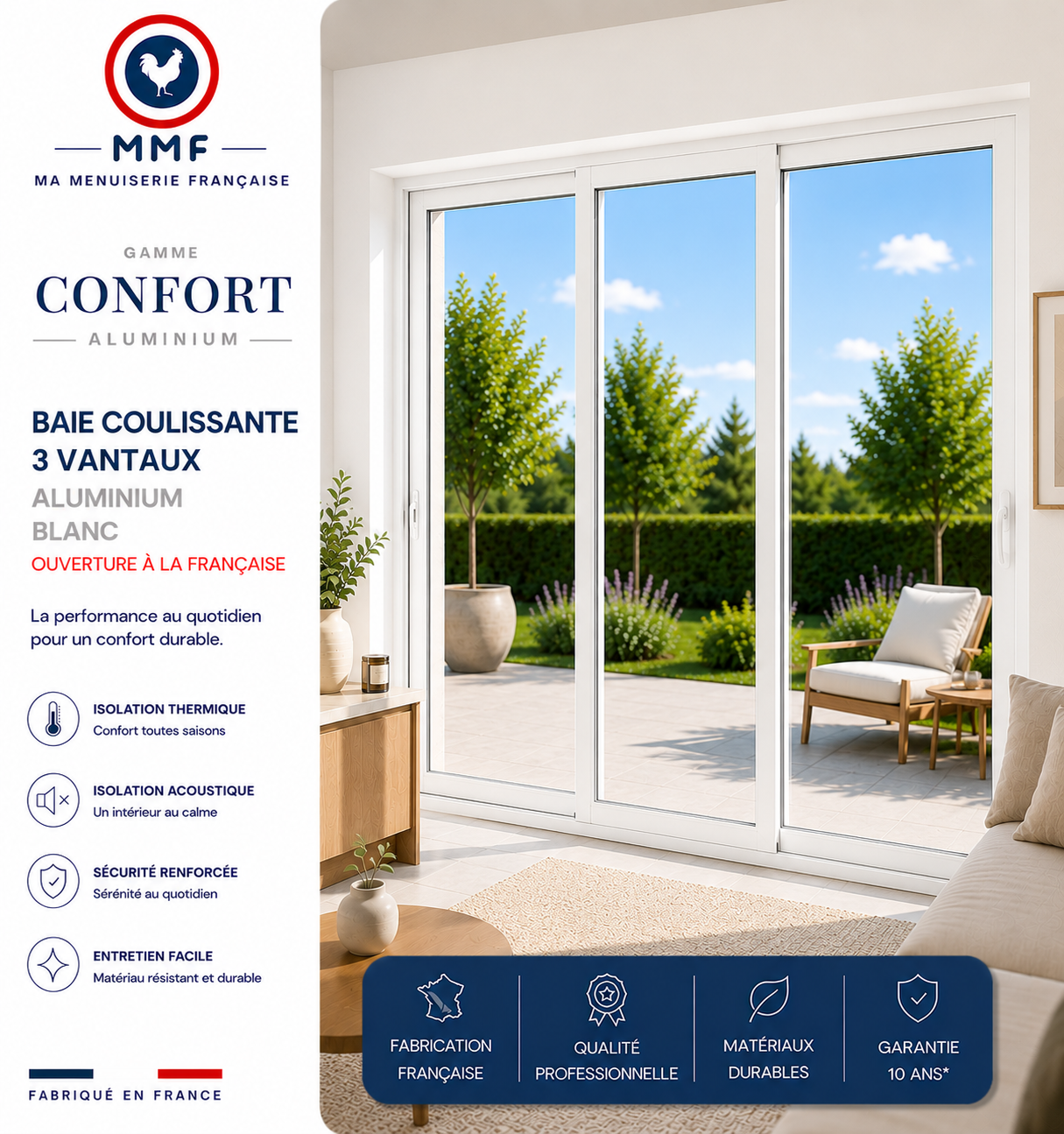 Baie coulissante Alu essentiel 3 vantaux 2 rails - 265x170 cm - Gris ...